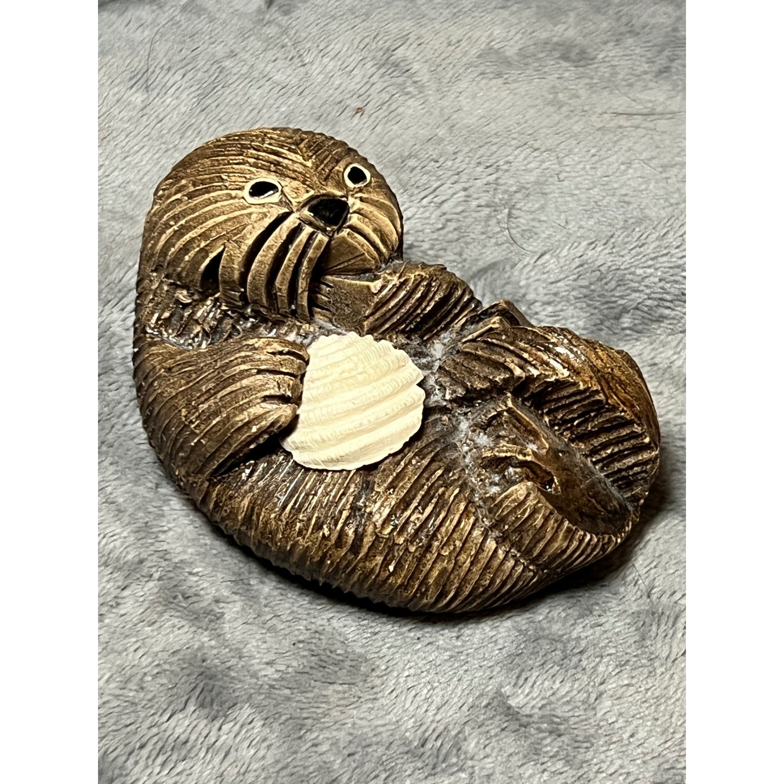 Vintage Sea Otter Figurine Shell Carving Signed Wood Resin Nautical 3in Ocean