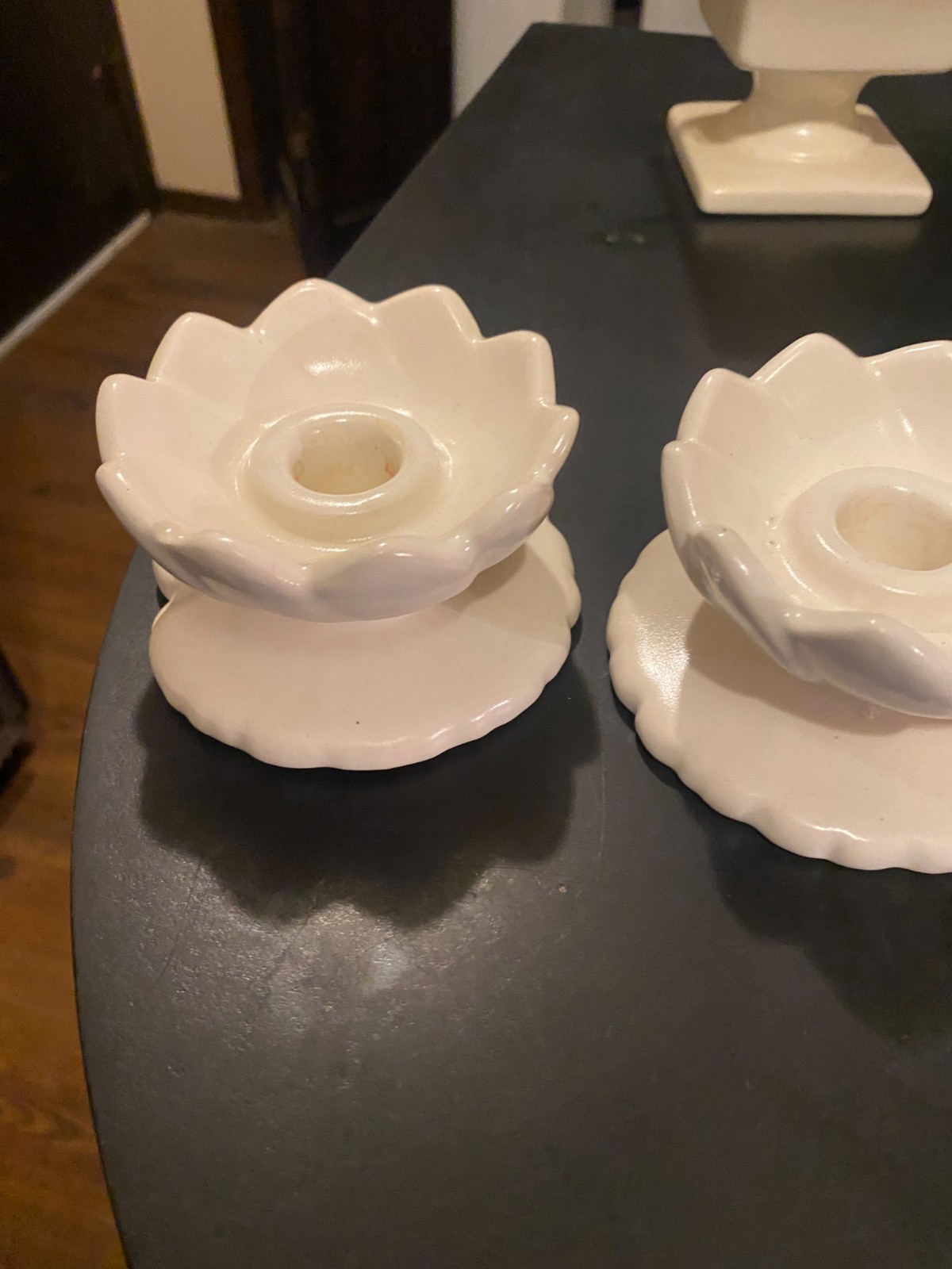 Pair Vtg Haeger Candle Candlestick Holders Lotus Flower White Creamy Ivory