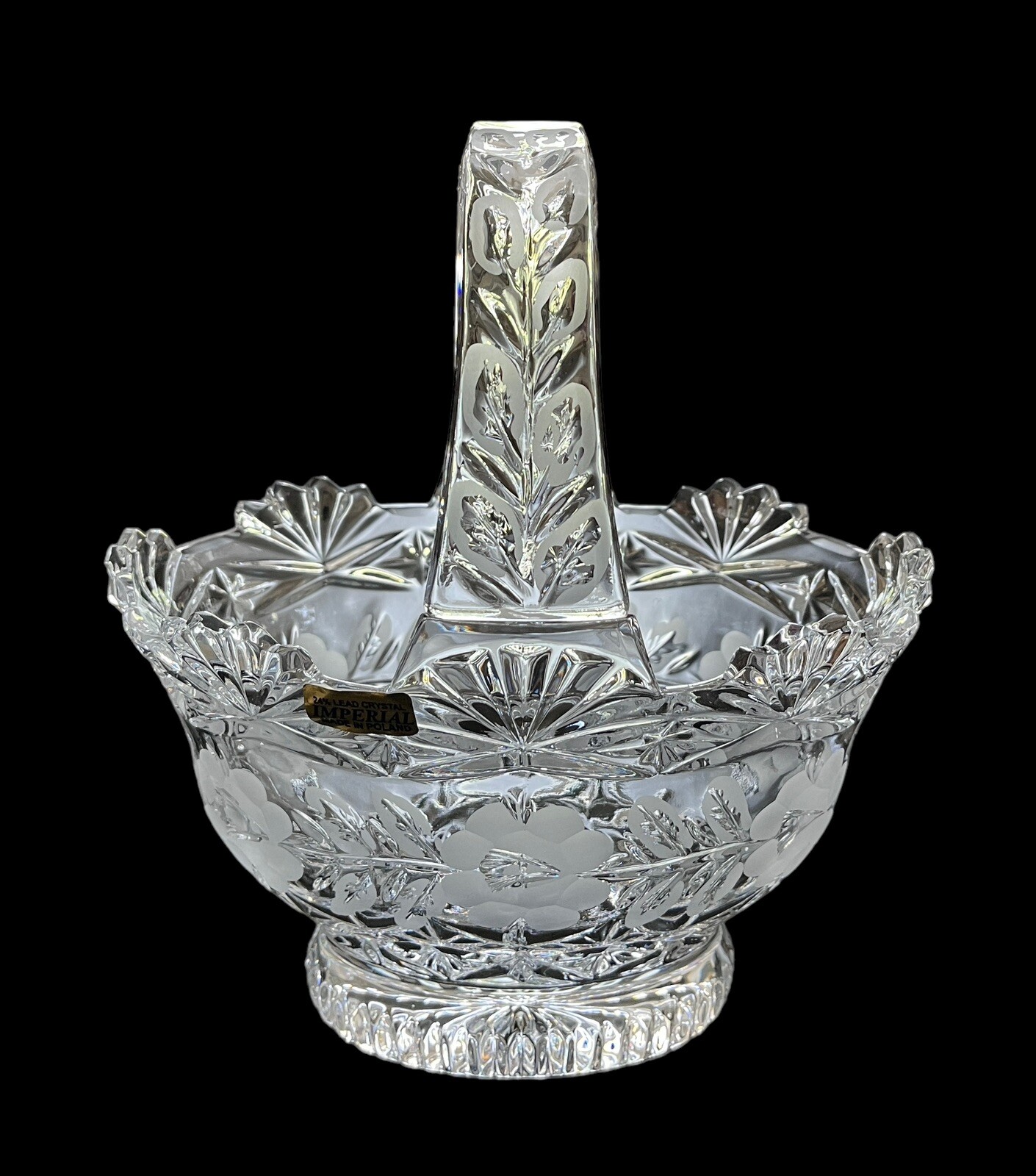 9” Lead Crystal Handled Basket Crystal Clear Industries Poland CCI19 Excellent