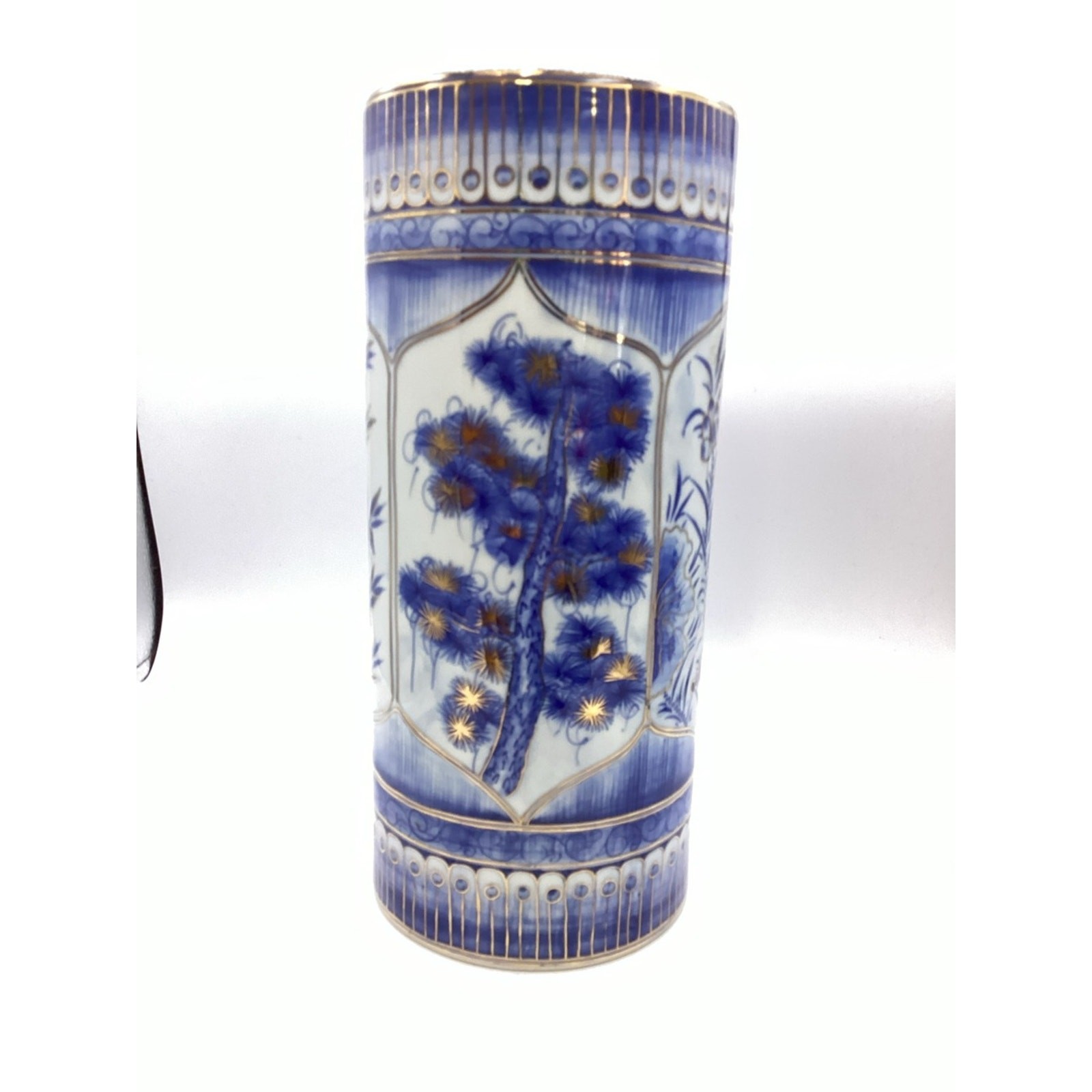 Vintage Chinese Blue, White and Gold Hand Painted Brush Pot