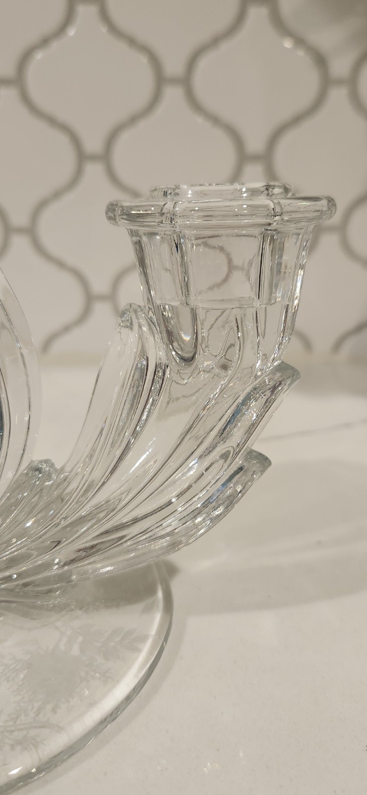 Fostoria BAROQUE crystal GLASS CANDLESTICK candle holder triple CHINTZ 388 ETCH