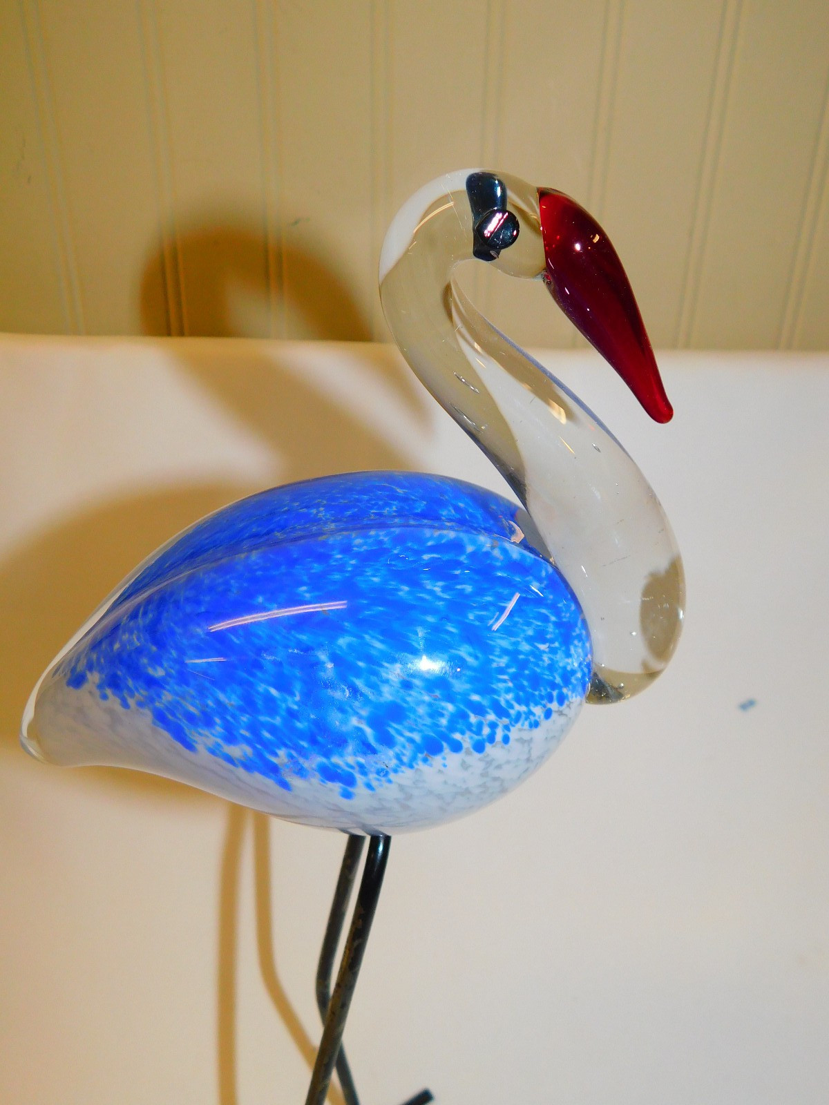 Vtg BLUE HERON Stork Bird ART GLASS FIGURINE MURANO STYLE Long Metal Legs 12.5″