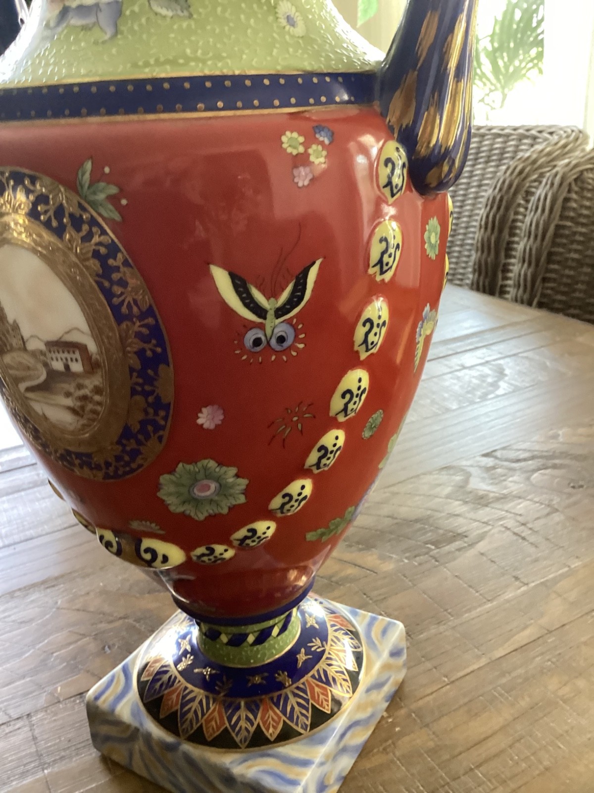 Chelsea House Neoclassical Urn Cachepot Blue Red Green Gold Porcelain Vase