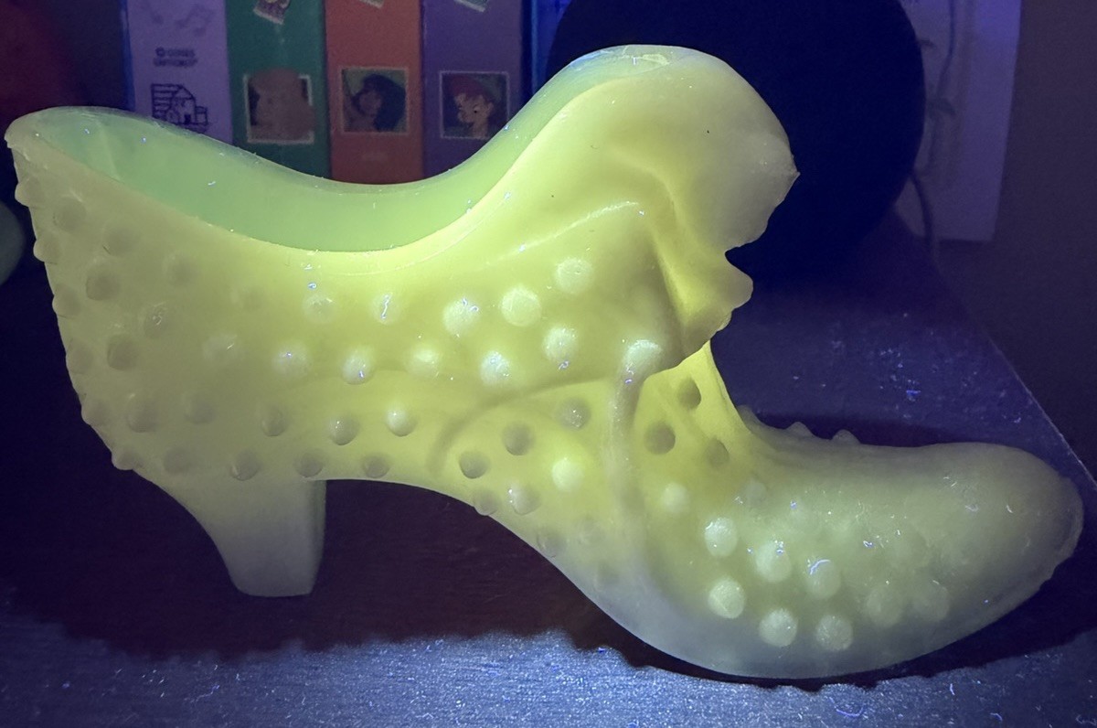 VTG Fenton White Hobnail Milk Glass Cat Head High Heel Slipper Figurine UV Glow