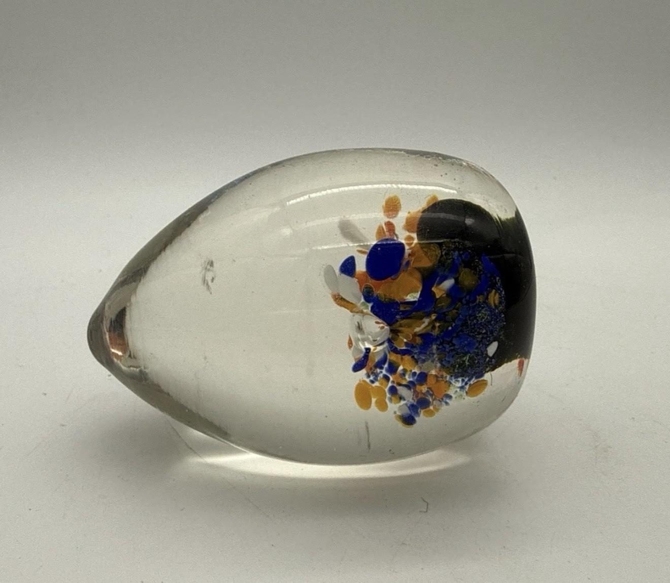 Art Glass Egg Shaped Paperweight Orange Blue White Flowers
