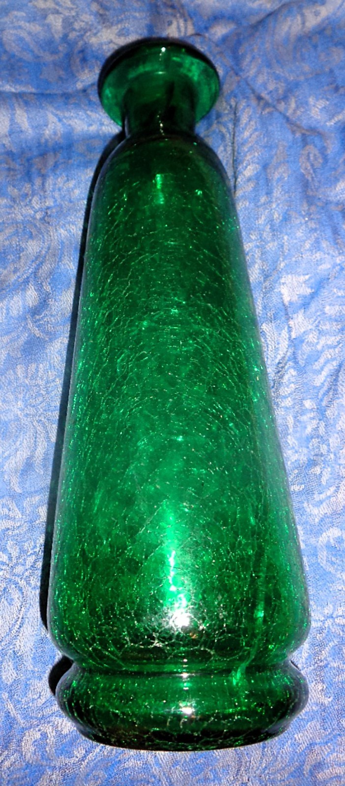 VTG Green Crackle Glass Vase, Art Glass, 11.5 inches tall Hand blown in the 60s