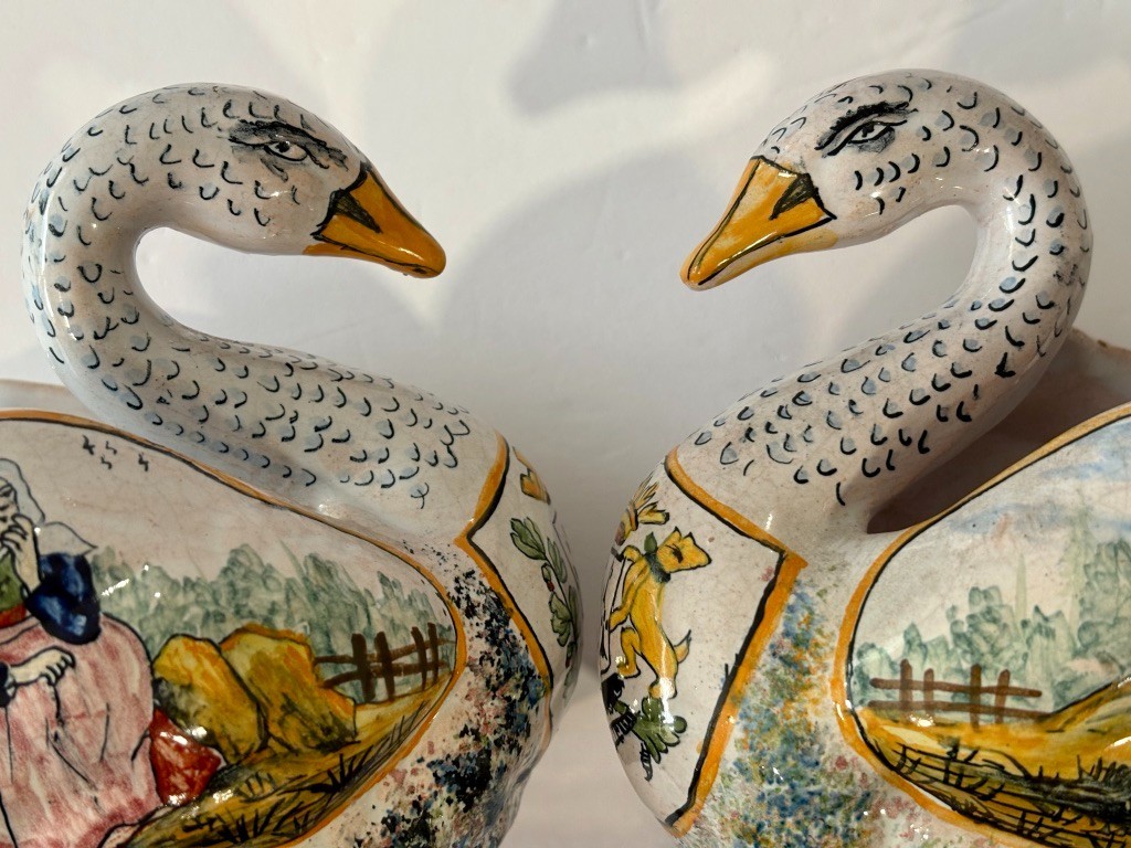 Antique Pair Malicorne Faience Swan Cachepots LD Leroy Dubois French Pottery