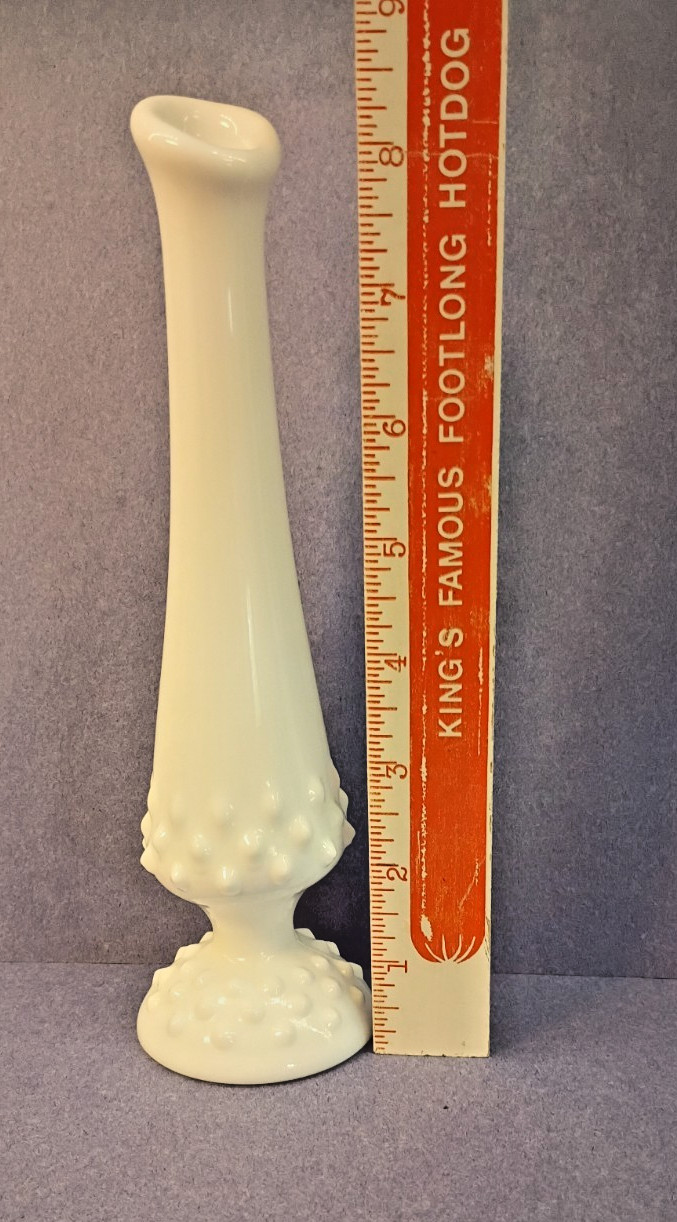 Vintage Fenton Swung Stretch Pedestal Footed Hobnail Milk Glass Bud Vase 8.5″