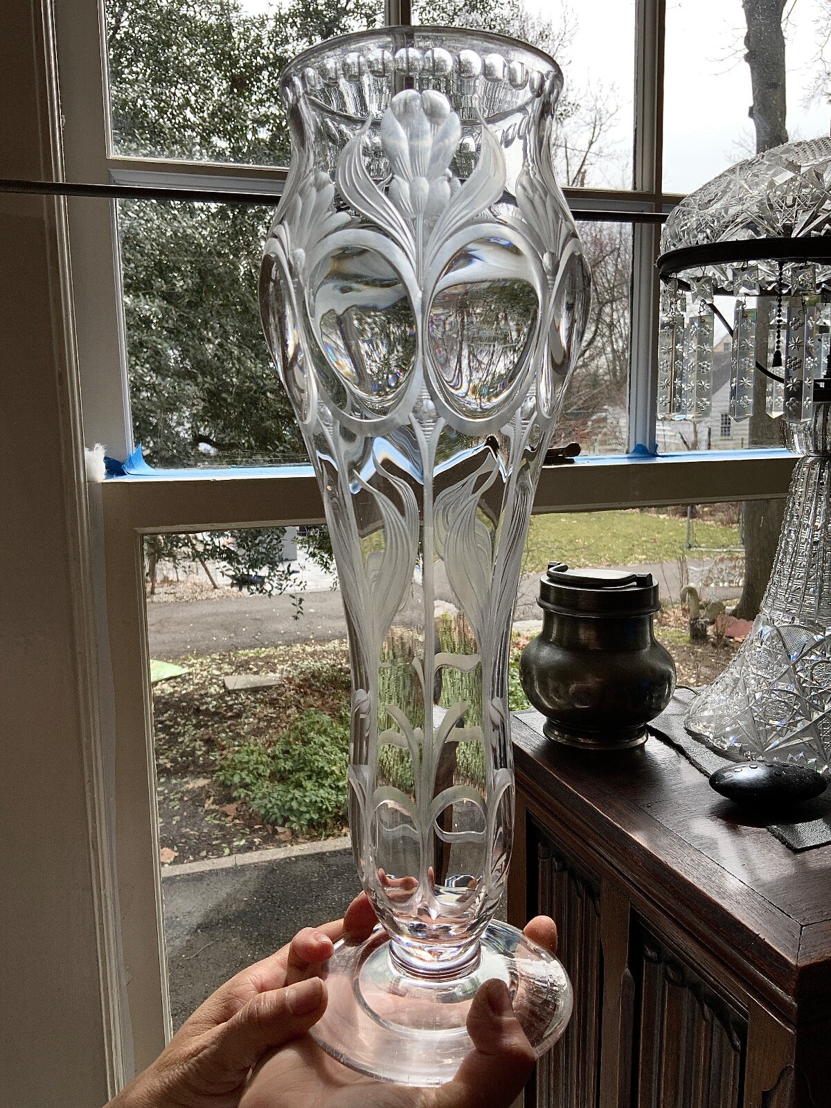Stevens & Williams Art Nouveau 14″ Engraved Footed Vase c. 1900 Frederick Carder