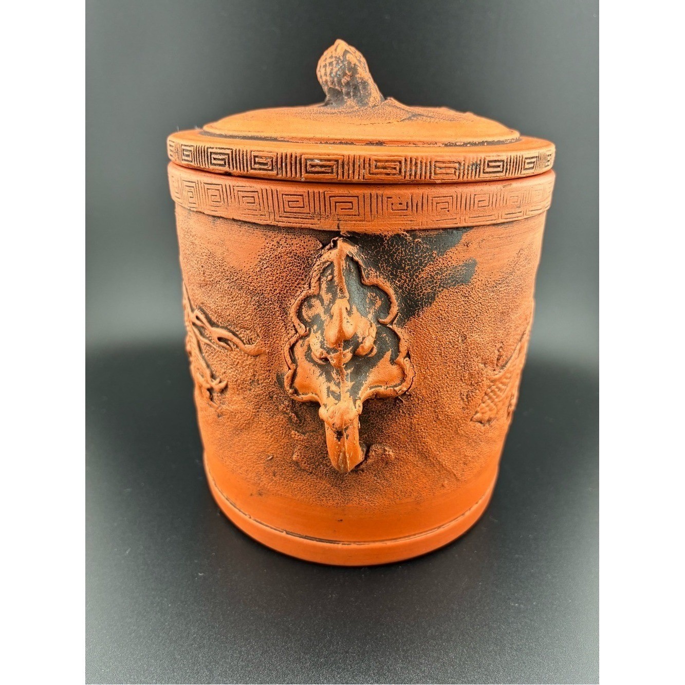 Vintage Terracotta Red Dragon Lidded Vase