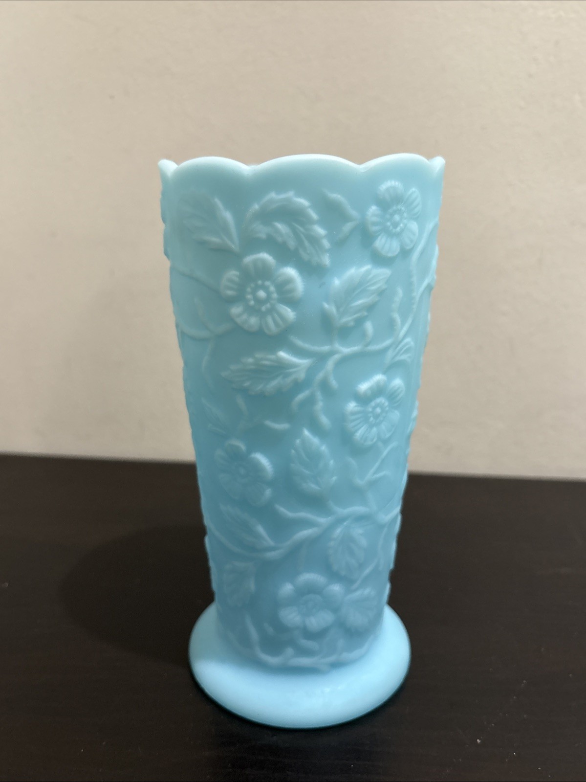 Vintage Fenton Peacock Garden Blue Satin Milk Glass Vase Apple Blossom Flower