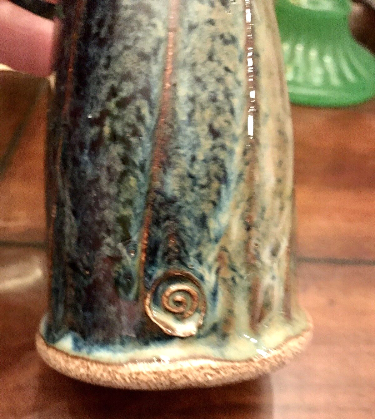 Studio Art Pottery Bud Vase Navy Blue Green Red Earthtones Ribbing Handle 7″