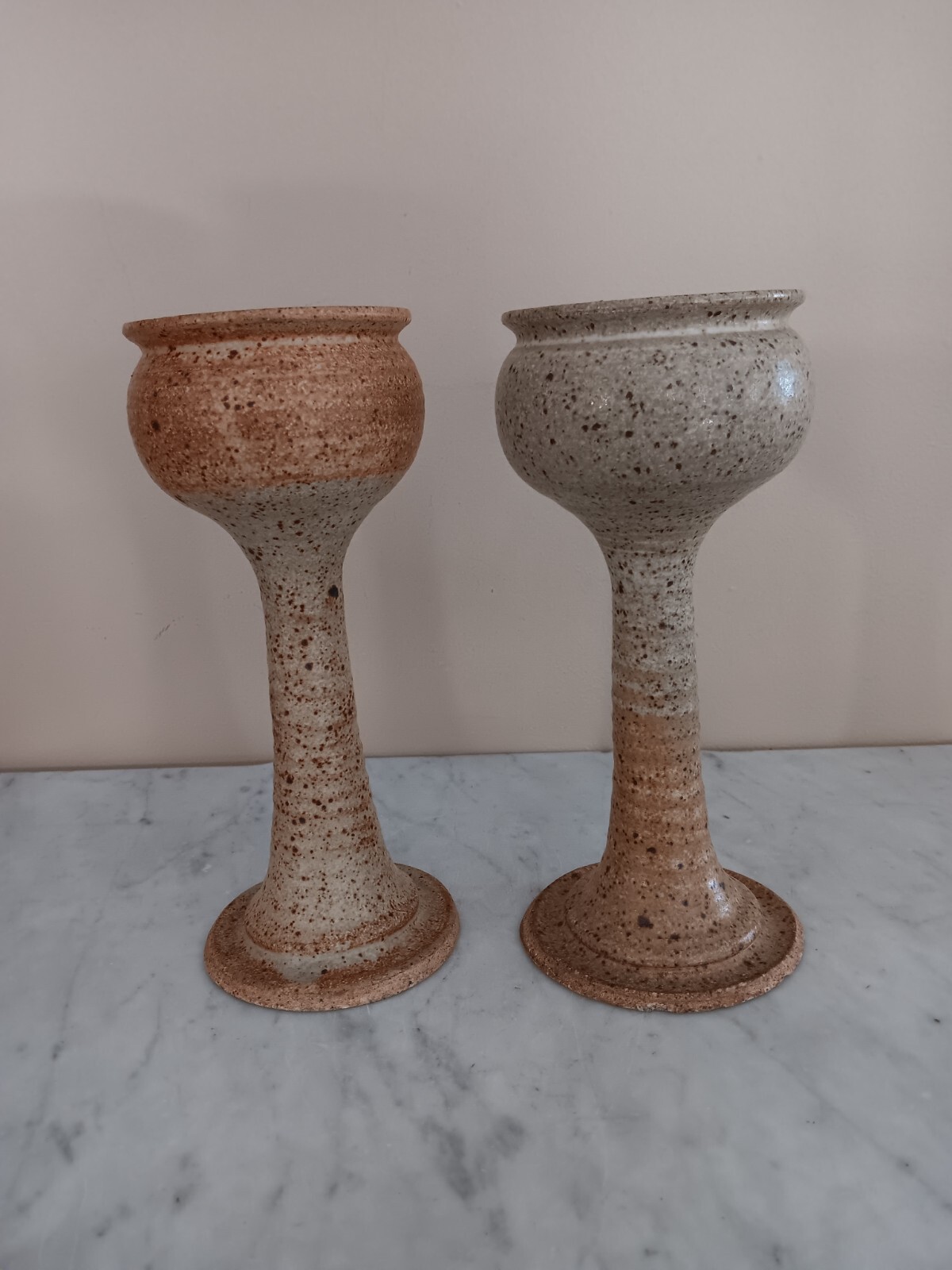Pr Art Pottery Speckled Beige 8 1/2″ Stoneware Goblet/votives Signed.