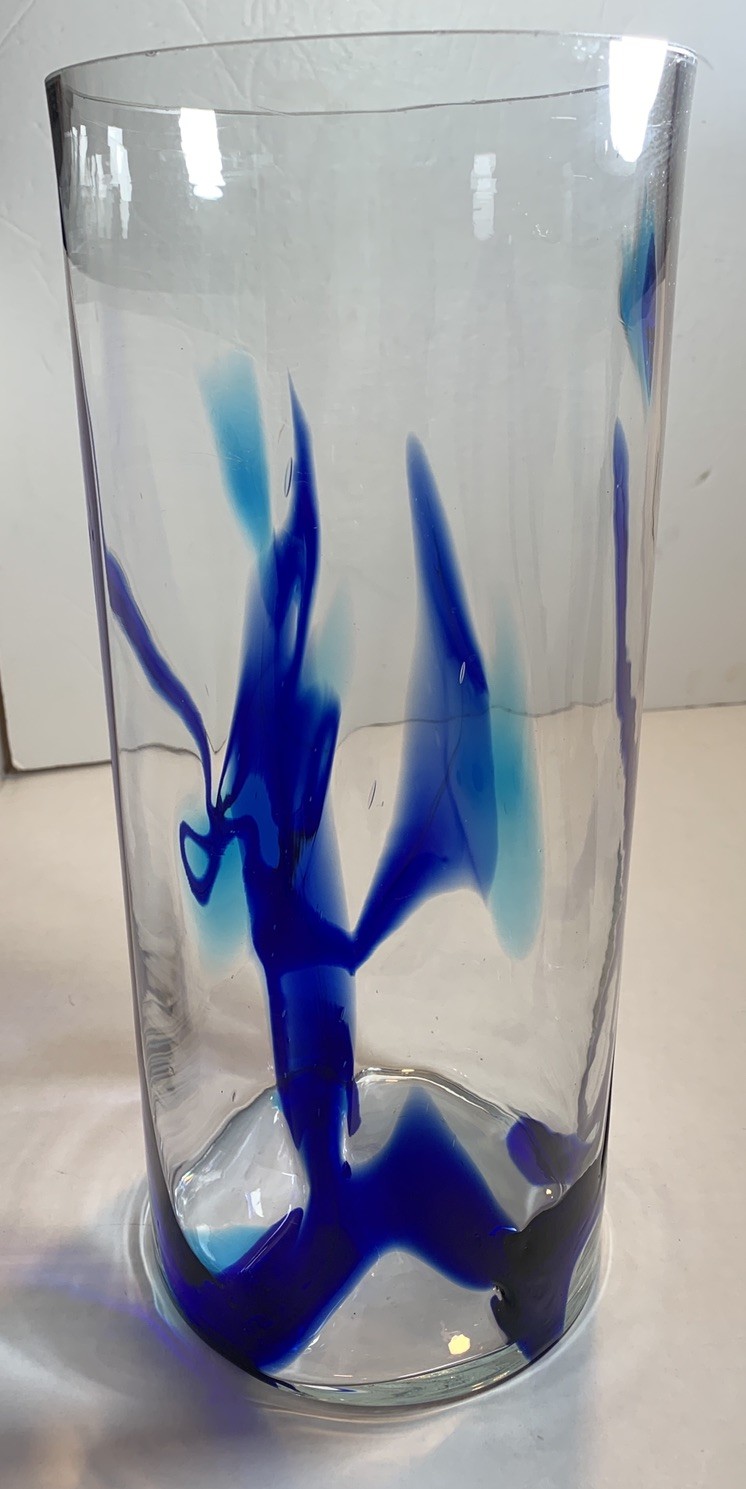Hand Blown Mexican Glass Cylinder Vase 6″x14″, Clear w/Cobalt Blue Swirls