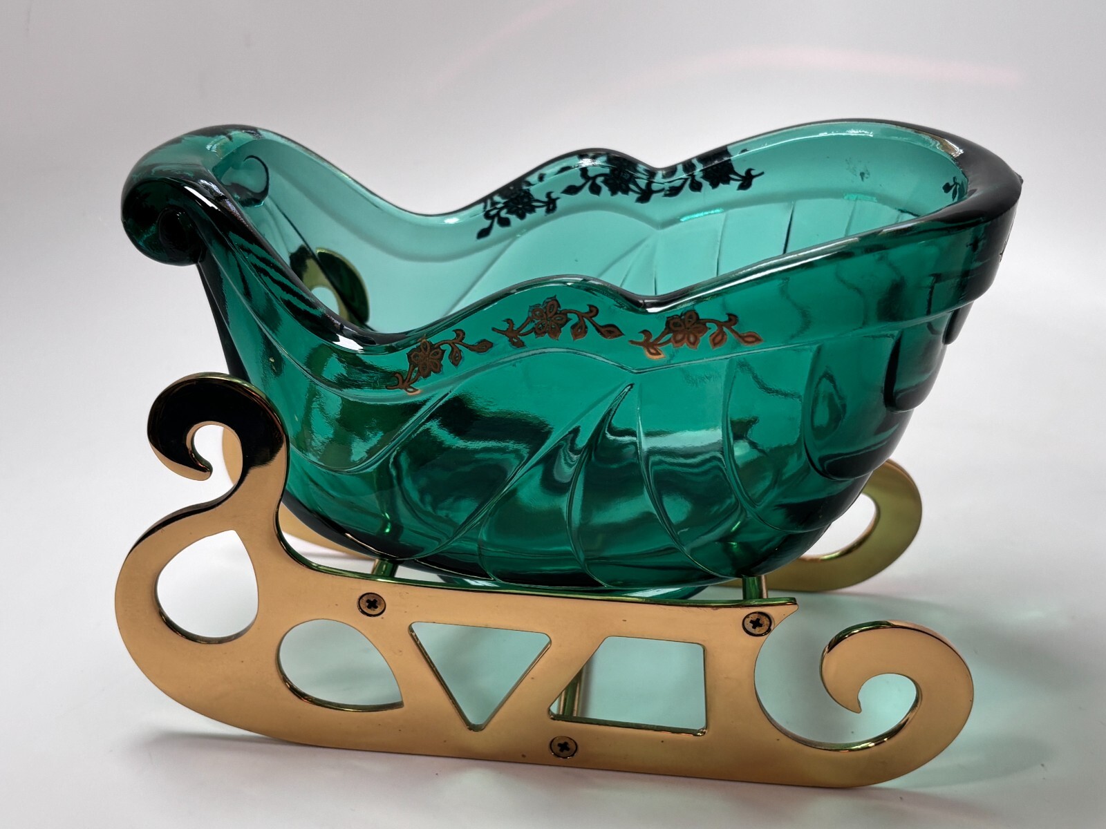 Fenton Glass Sleigh W/ Brass Runners/Base Xmas Decor Christmas Candy Dish Gold