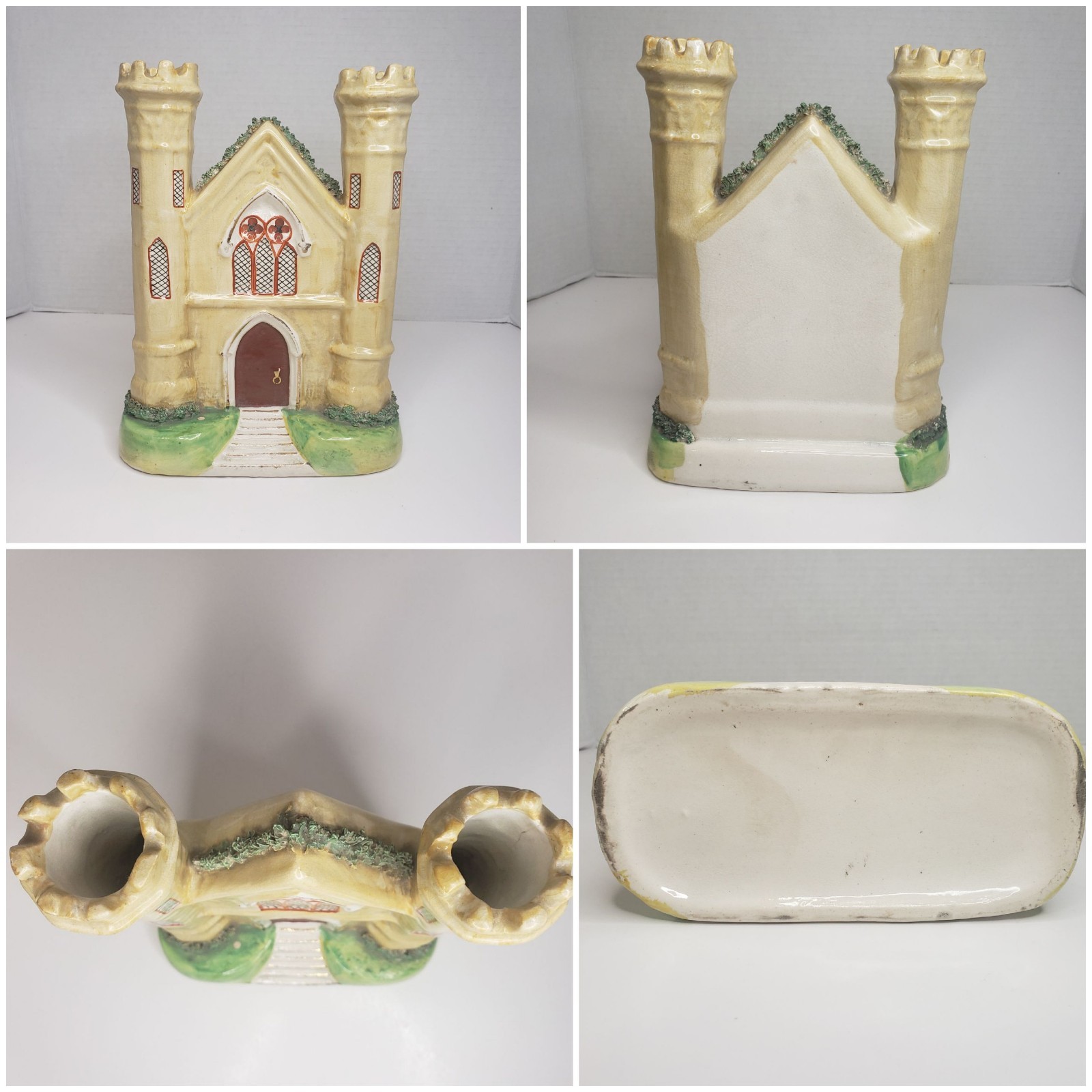 Victorian Staffordshire Castle Flatback Dry Spill Vase English Pottery 8.5″