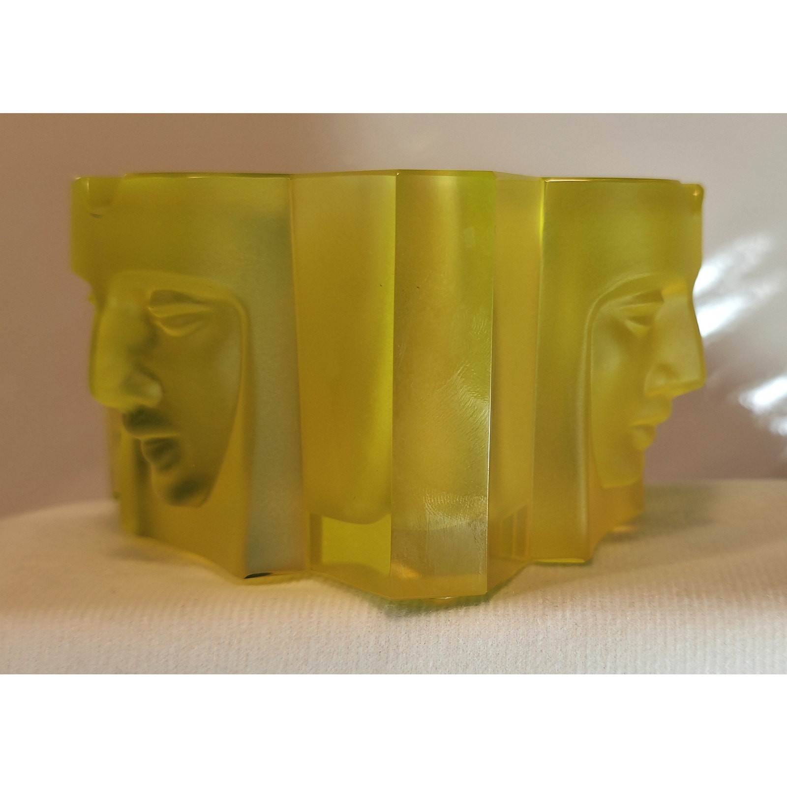 Czech Handmade Frosted Art Glass Face Bowl Vase Ashtray Yellow Green Modernist
