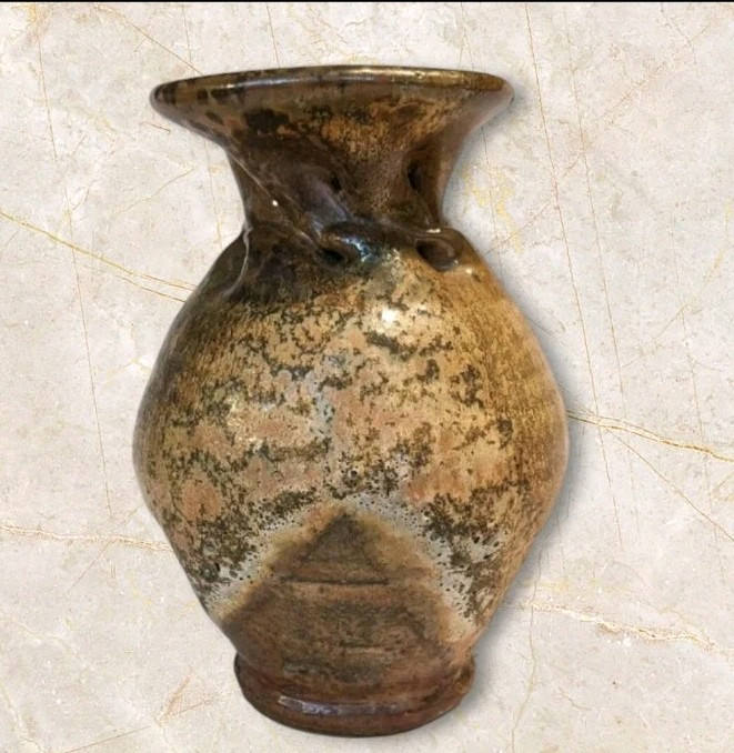 Signed Studio Pottery Vase Speckled Earthtone MCM Textured Boho Art Naive Vtg 6″