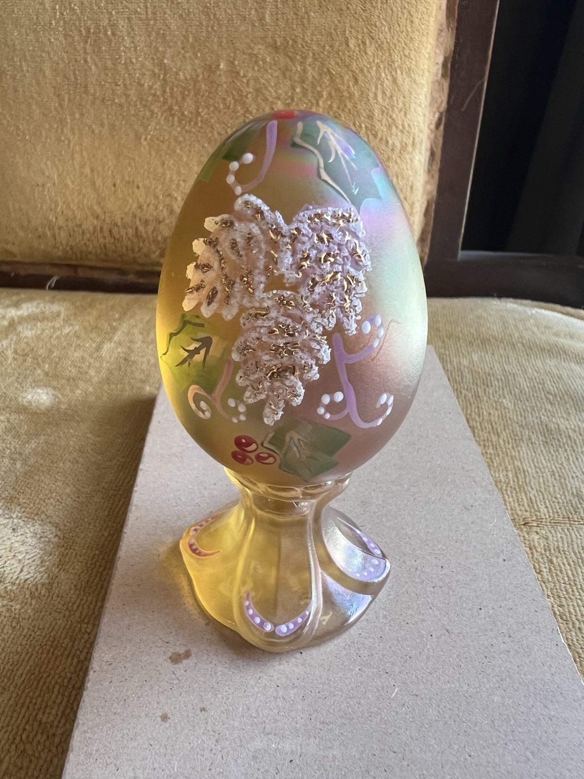Fenton Iced Pinecones On Gold Glass Egg Pedestal