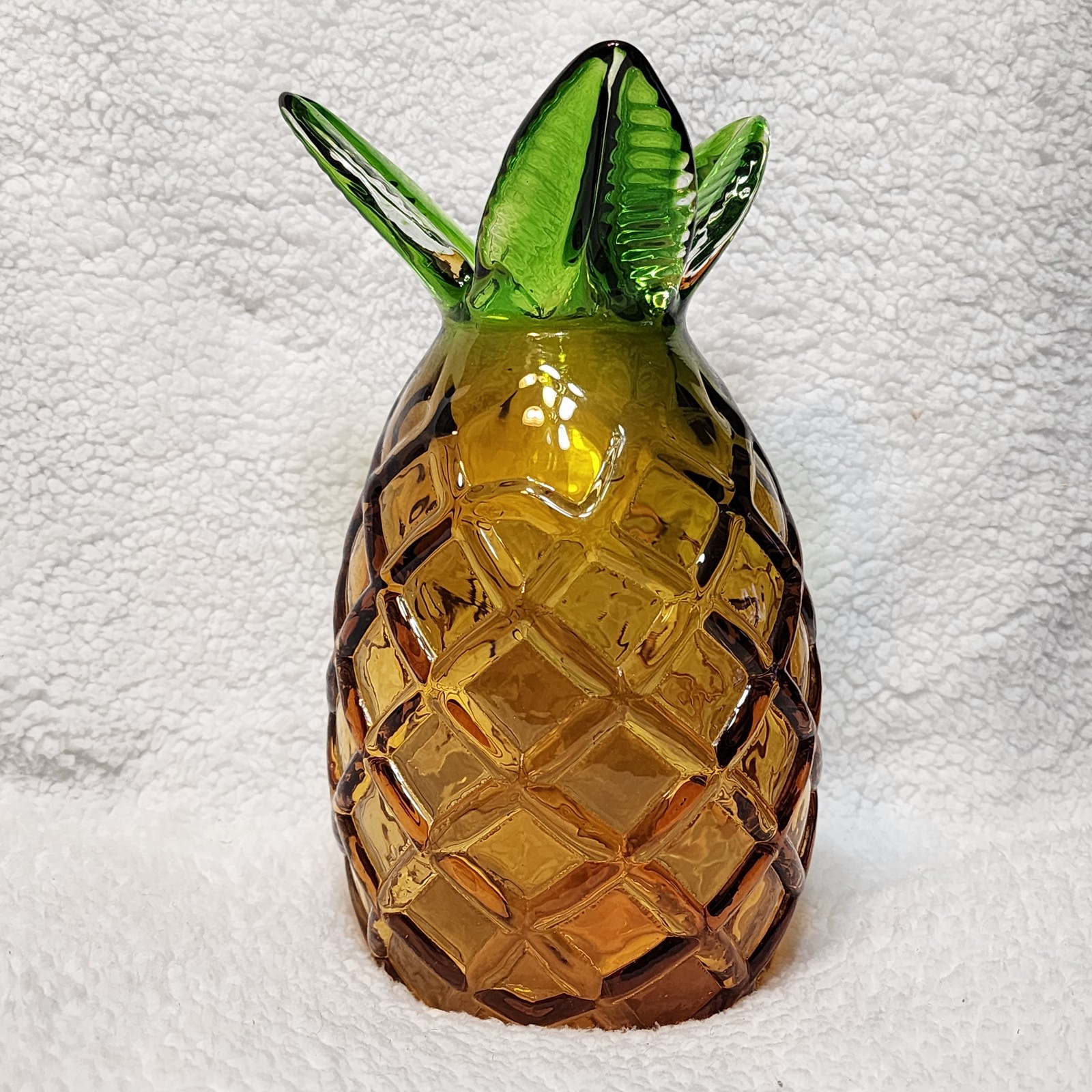 Murano Style Pineapple Vase. Hand Blown Glass Amber and Green 11.5 Inches Tall