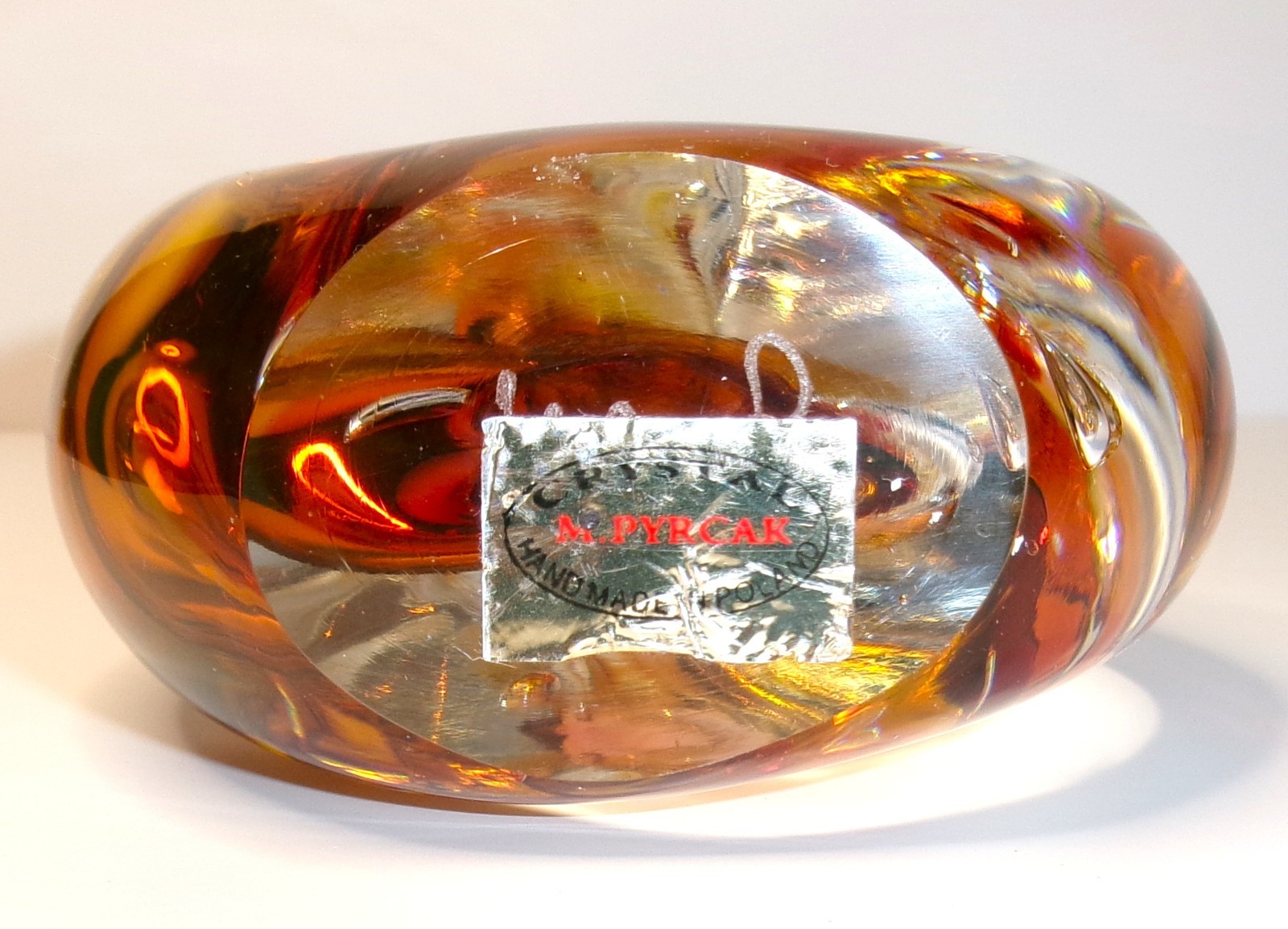 Marion PYRCAK Art Glass Crystal Twisted TEARDROP Paperweight Signed Orange Pink