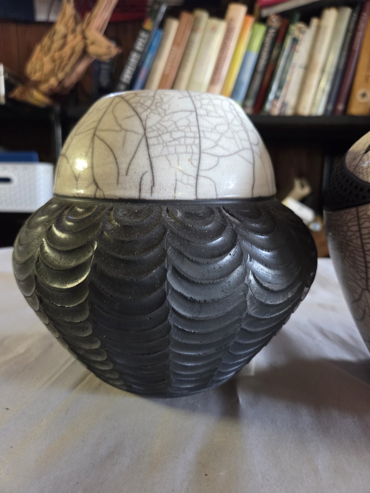 Beautiful Robin Rodgers Crackle Raku Geometric Sculpted Tribal Vases Signed 2006