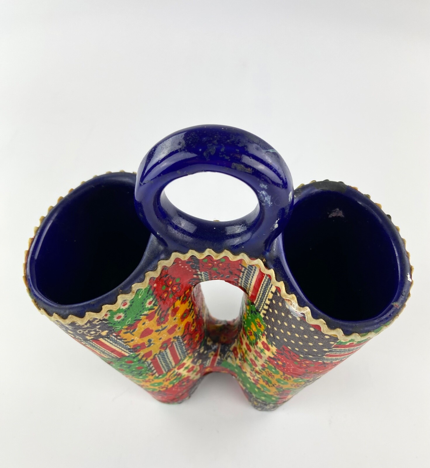 Vintage Patchwork Quilt Design Signed Ceramic Double Sided Vase Rare MCM