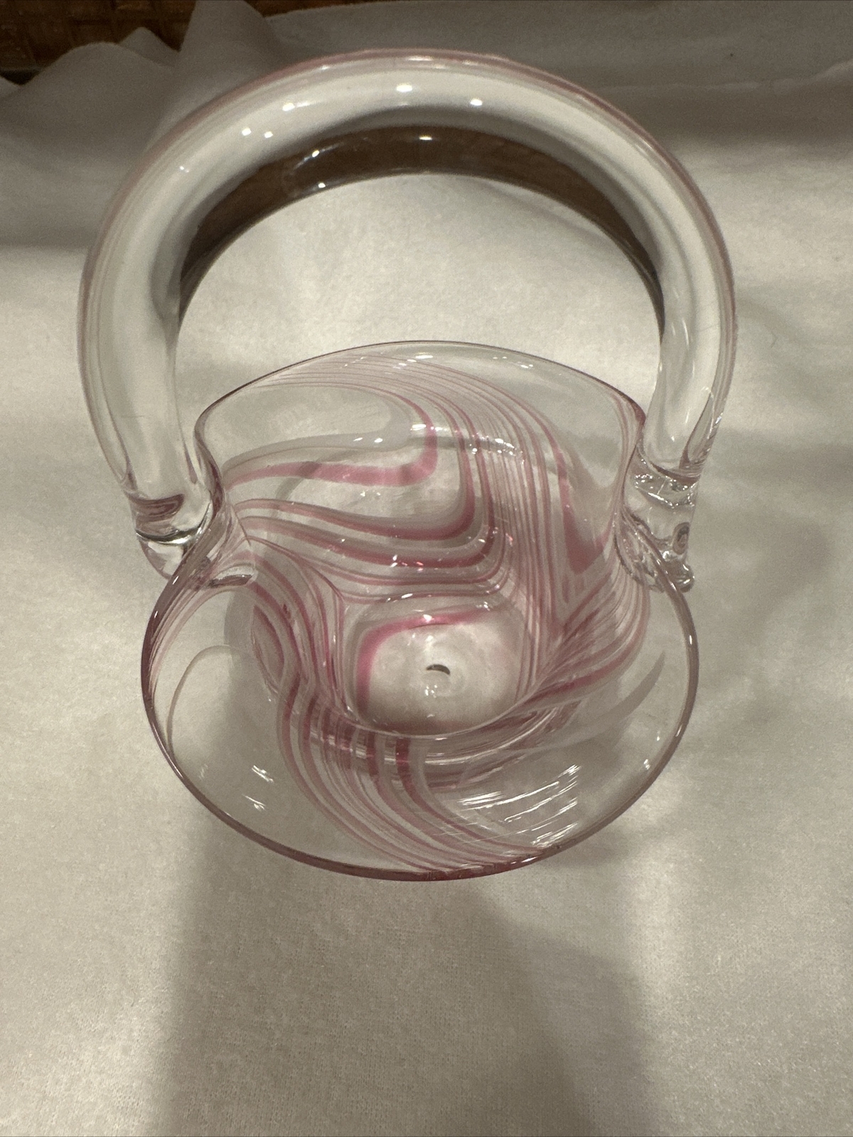 Vintage Hand blown Clear, Pink&White Swirl Art Glass Basket 6”