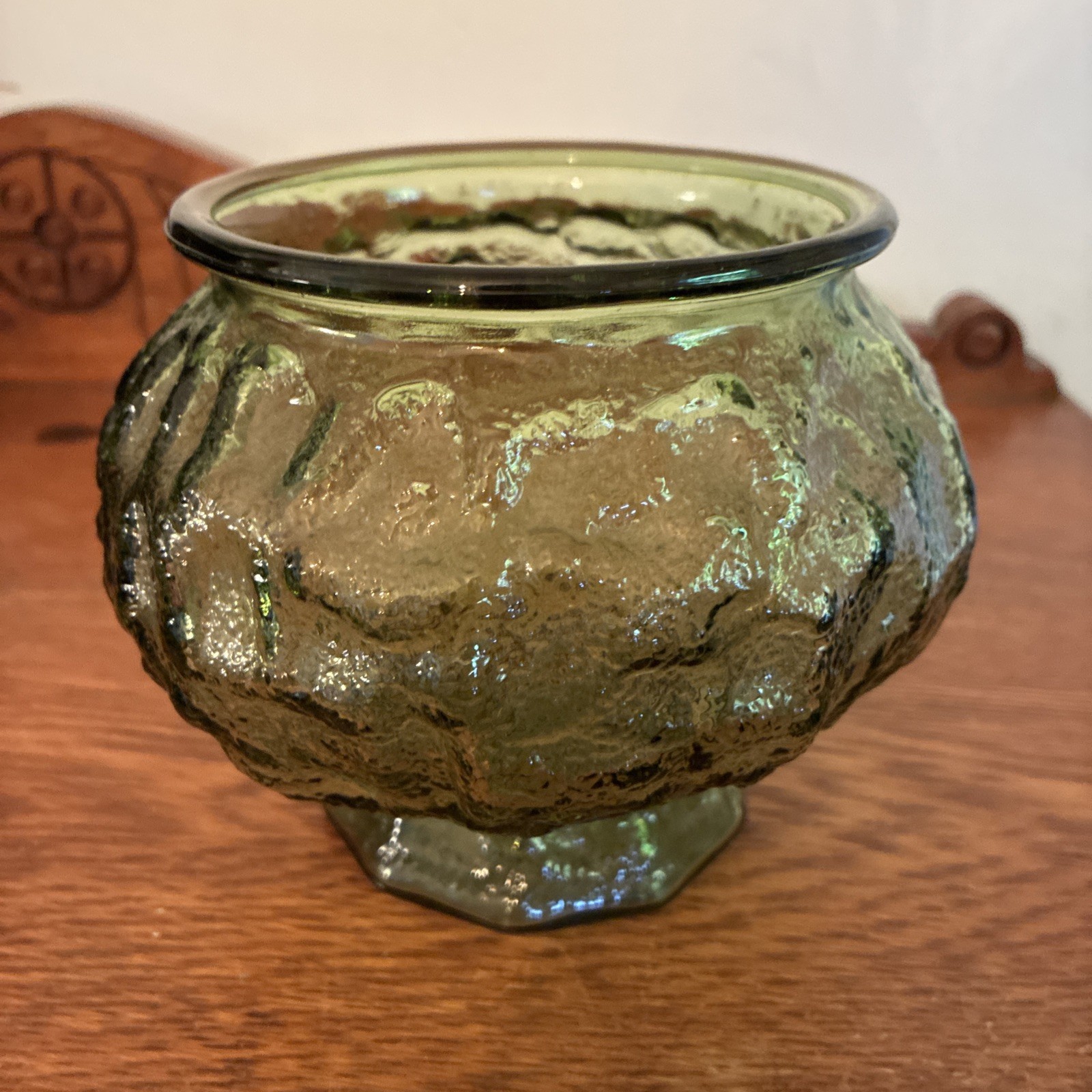 Vintage Forest Green EO Brody Co Glass Crinkle Textured Vase Planter Bowl 4” H
