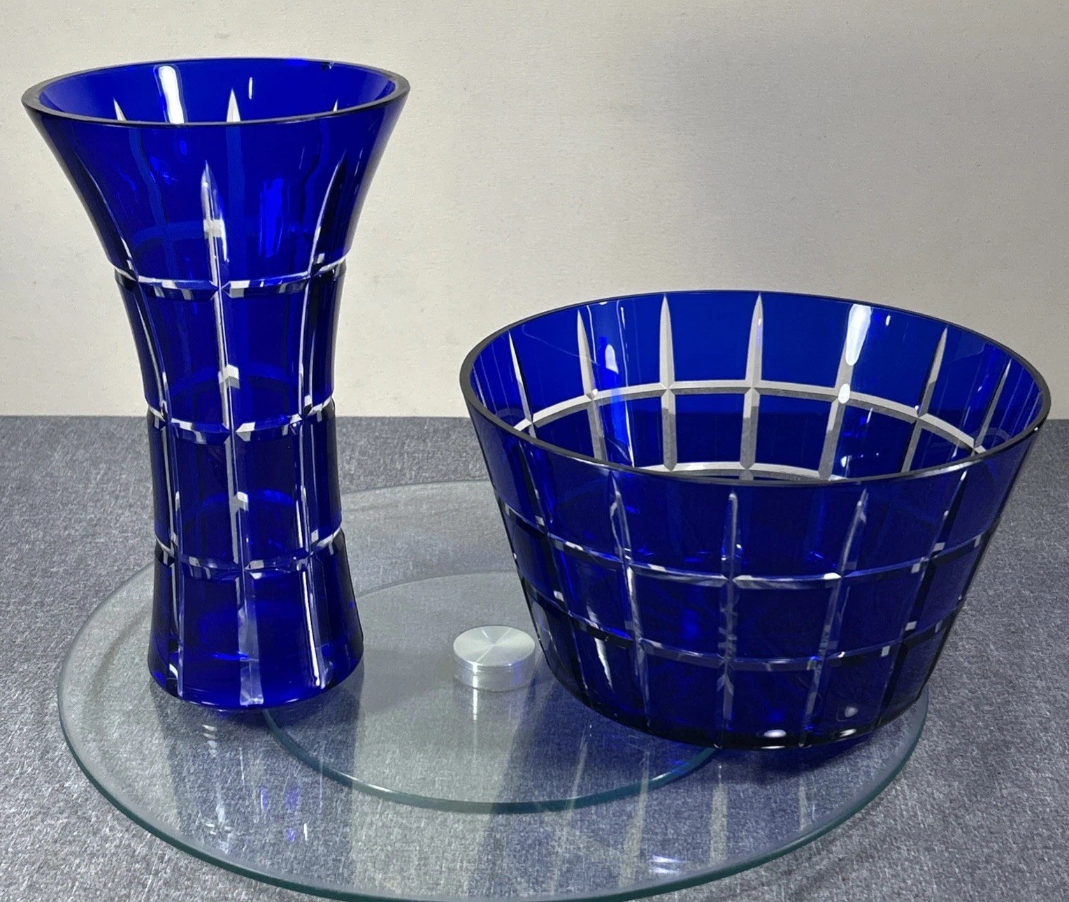 Towle Bohemian Czech Cut to Clear Round Cobalt Blue 9” Vase And 8” Round Bowl