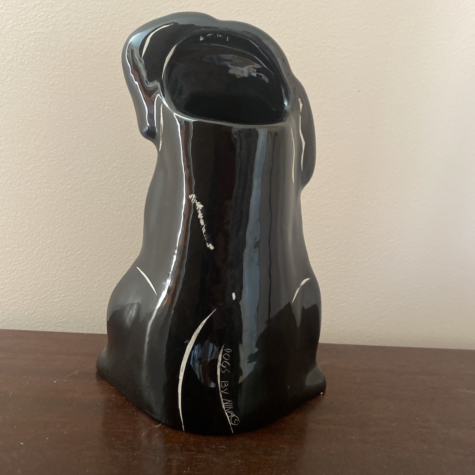 “Dogs by Nina” Lyman Hand Painted Ceramic Black Puppy Vase/ Planter, 8”