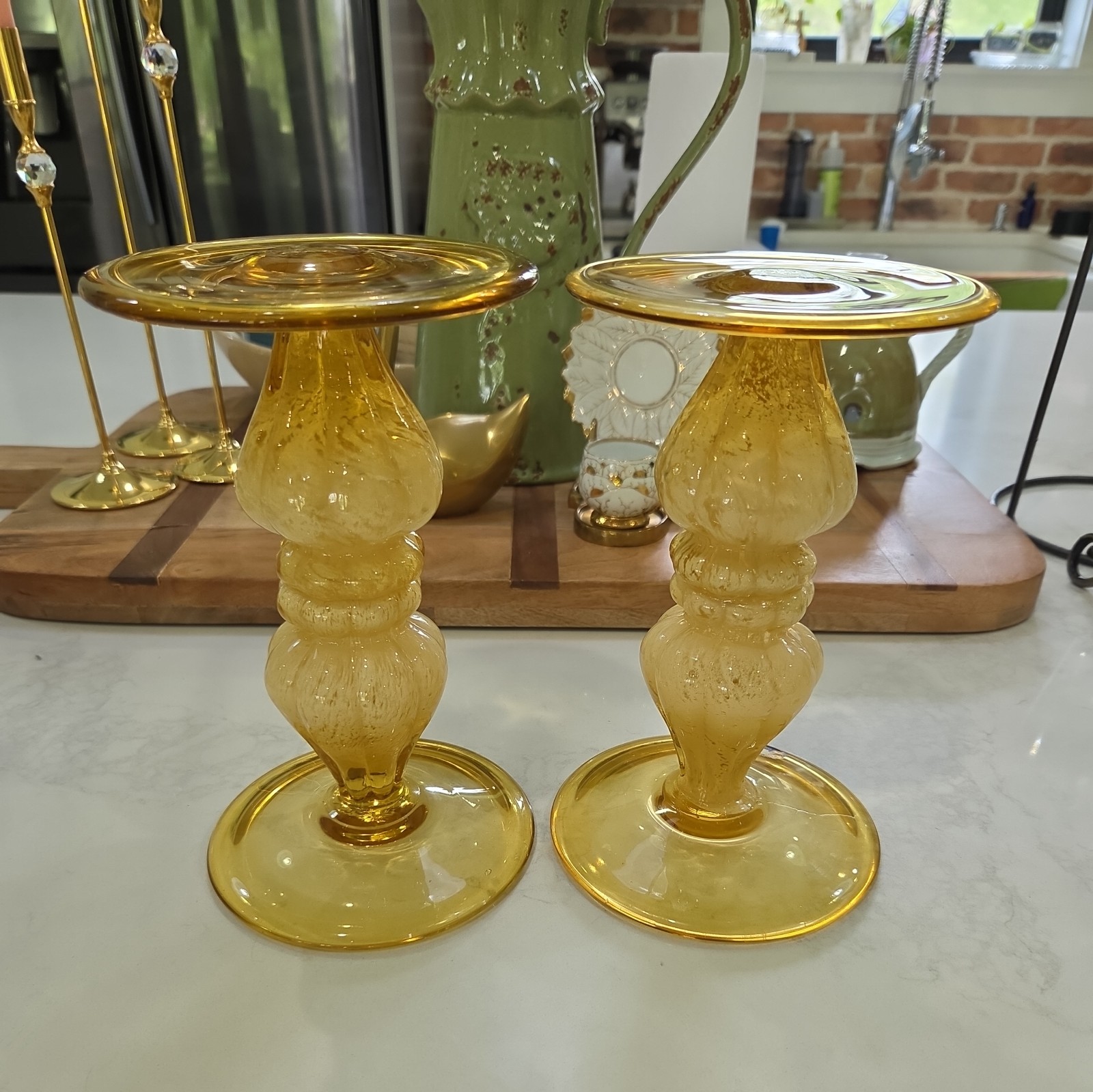 Vintage Set of Italian Venetian Murano Hand Blown Yellow Glass Candlesticks Read