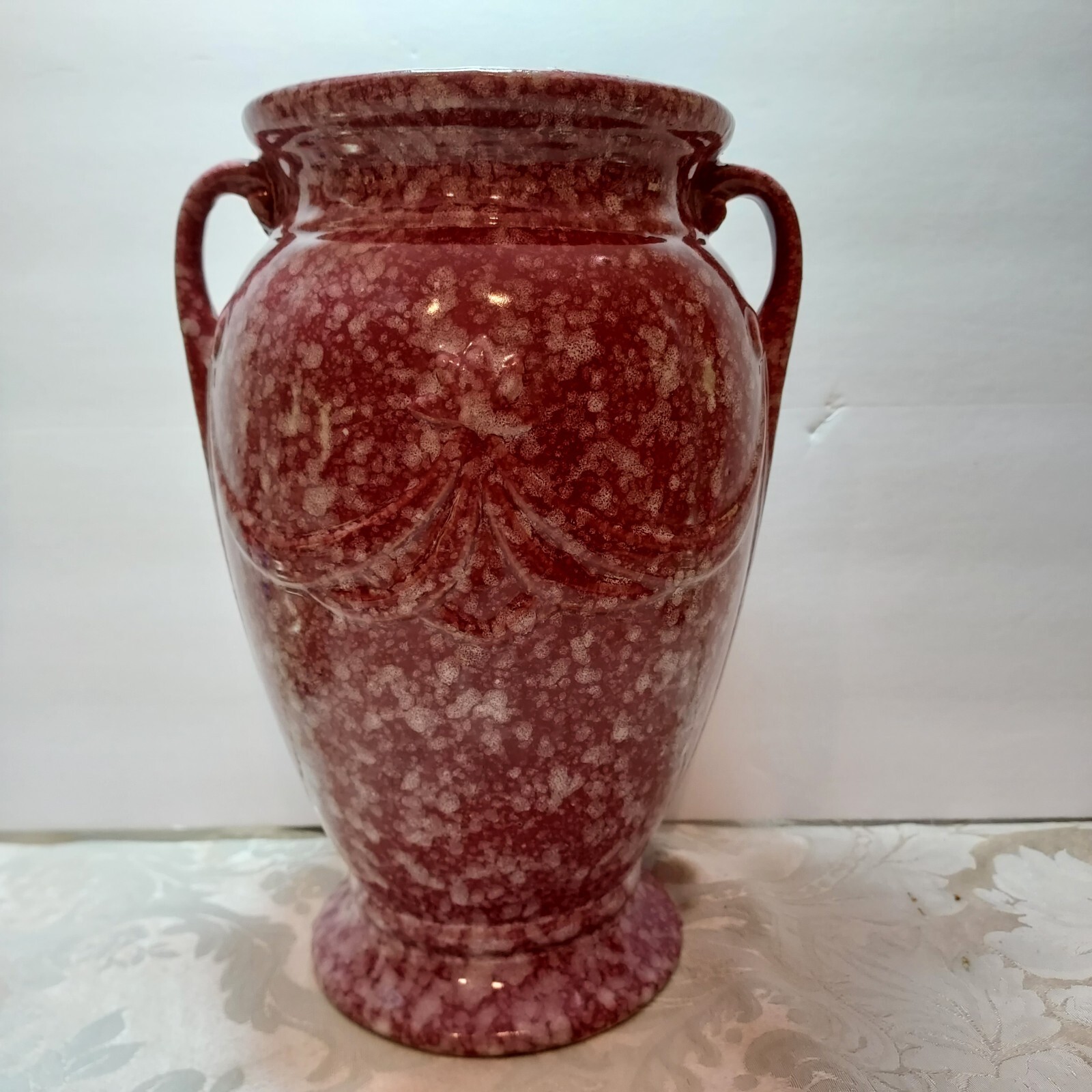 Robinson Ransbottom Spongeware Pink Marbled 2 Handled Vase READ