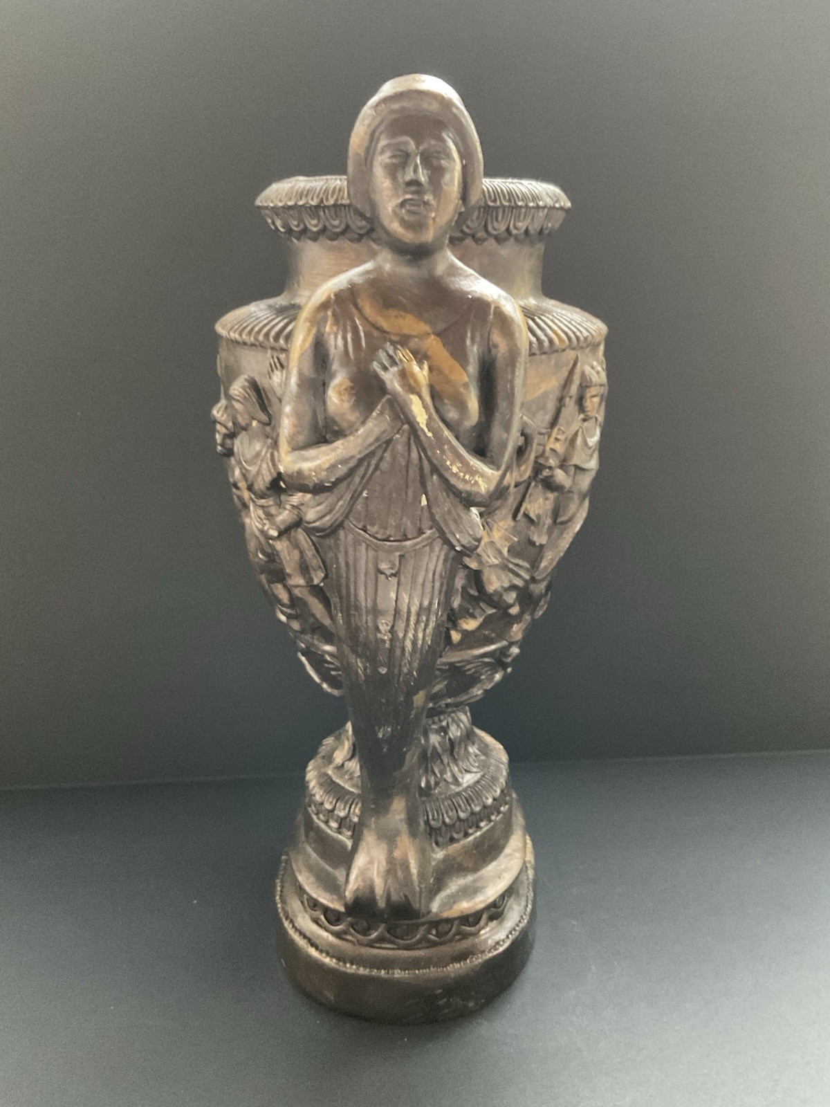 Bronze LOOK Vase with People Mermaid Jester Handles – 14 Inches Tall X 12 Wide