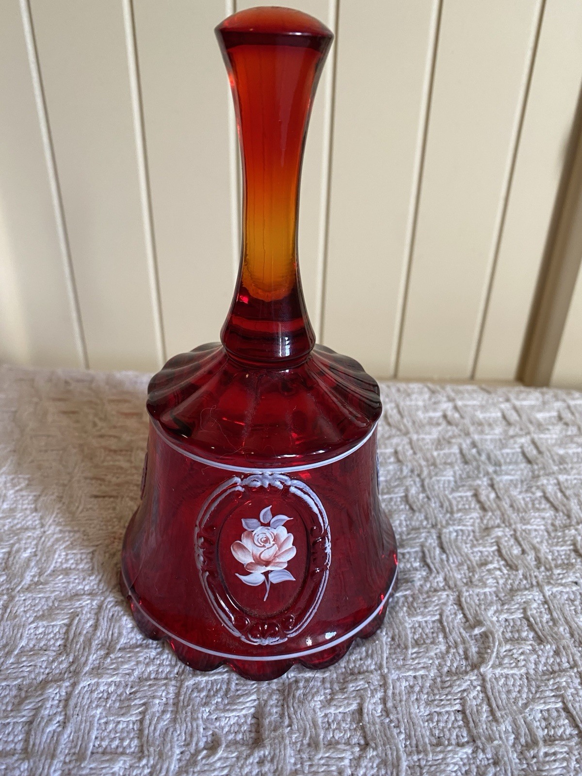 Westmoreland Bell Floral Rose Ruby Red Orange 1980 Hand Painted Cameo Marked