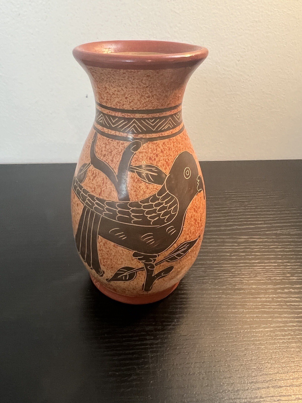 Art Pottery Clay Painted Engraved Costa Rica Vase With Birds