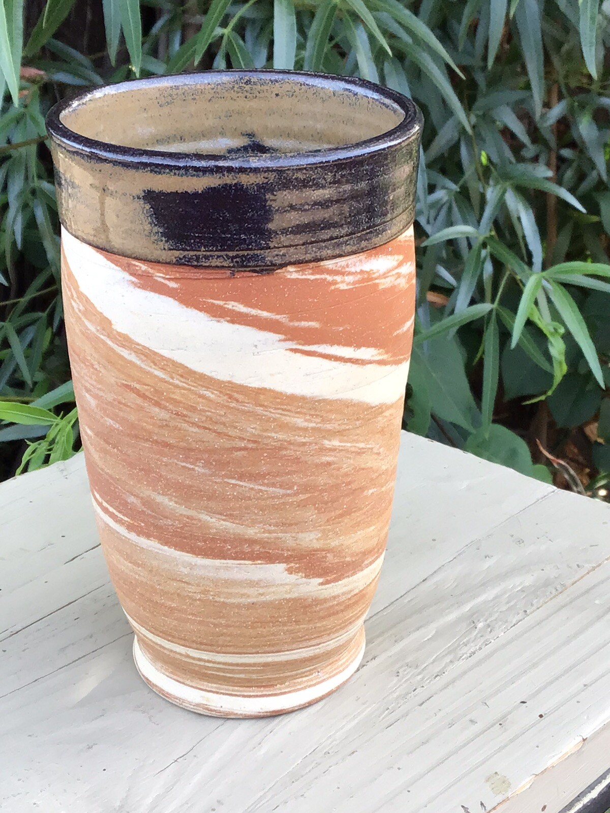 Vintage Vase Handmade Art Pottery Brown/Cream Swirl Pattern Signed 5.75”H