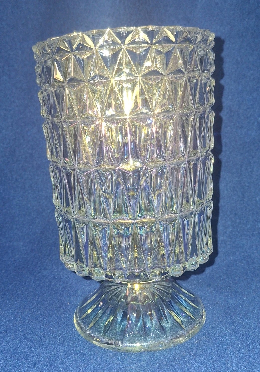 VTG Indiana Glass Diamond Point Iridescent Footed Vase 7.25” Heavy Pressed Glass