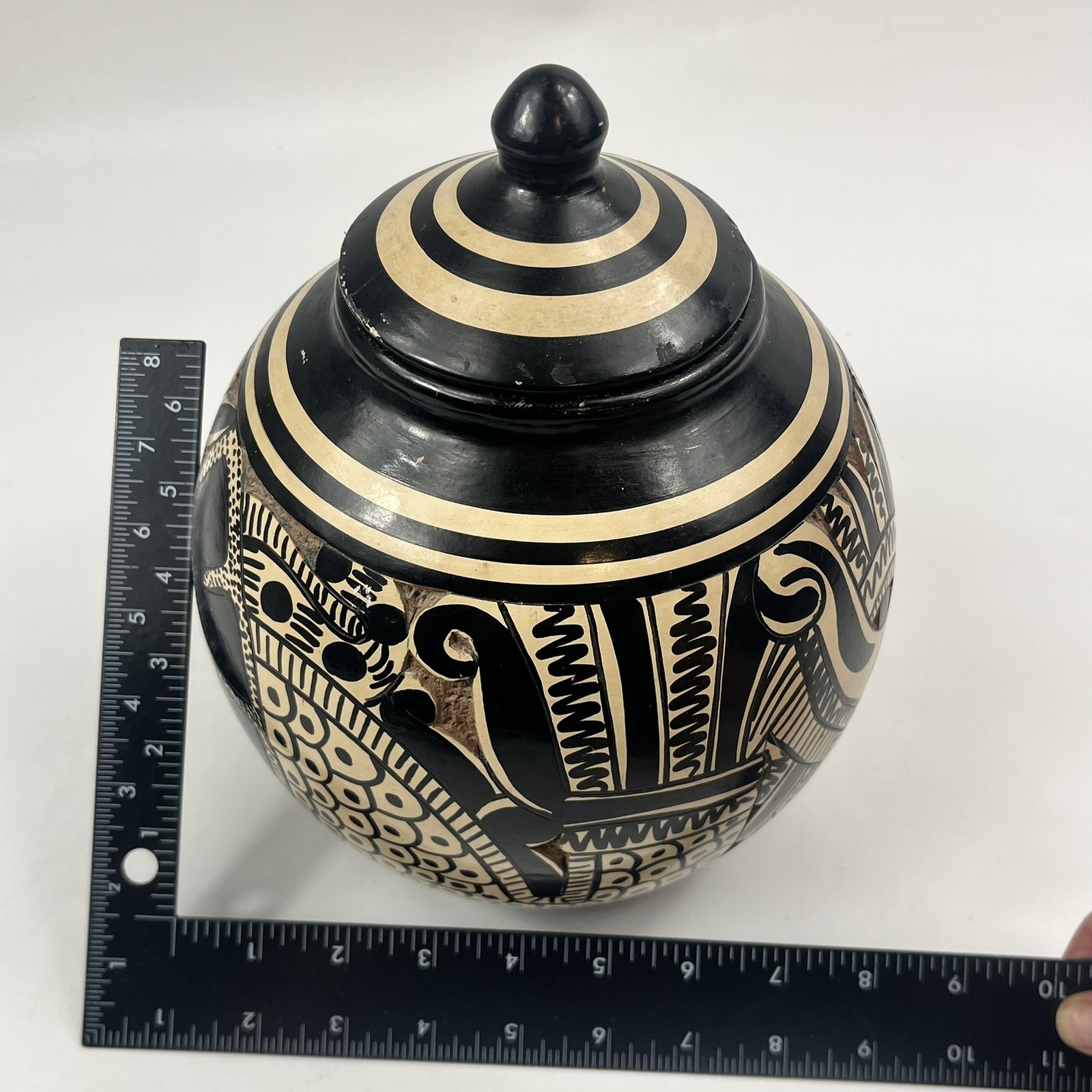 Vintage Sgraffito Pottery Lidded Jar Hand Carved Unique Handmade Black Tan Decor