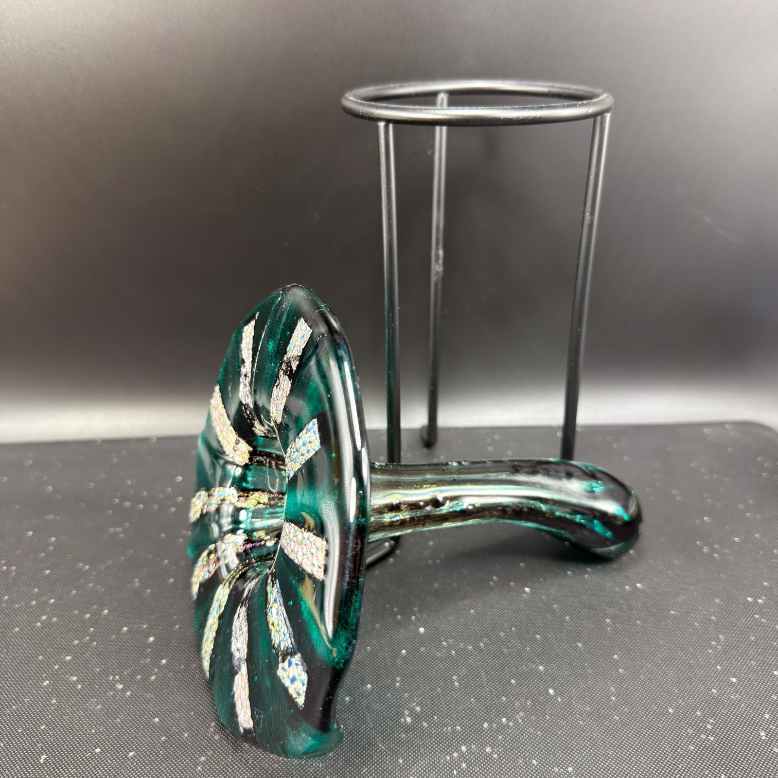 Art Glass Vase Green Dichroic Iridescent Hand Blown with Metal Stand Fused Glass