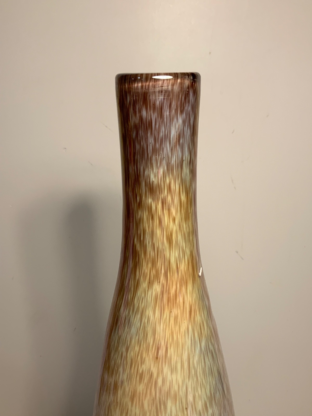 Vintage Pink & White Iridescent Cased Glass Vase 15.75 in.