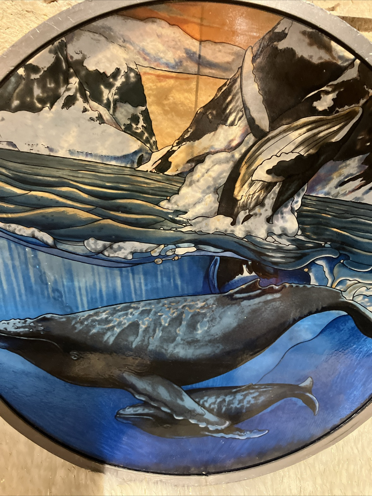 Round Hanging STAINED GLASS ART SEA SCAPE W/ WHALES SUN CATCHER 8.5”