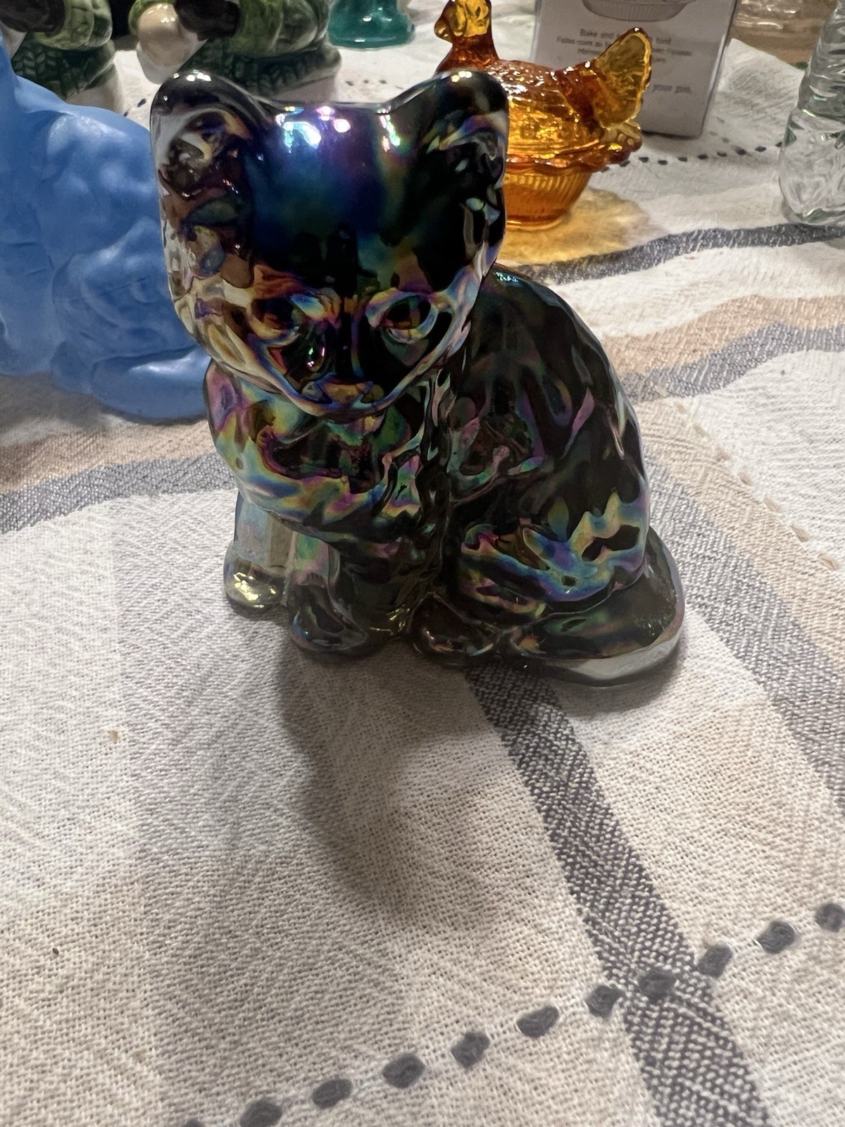 Mosser titanium Carnival Glass Cat Figurine Glossy Finish