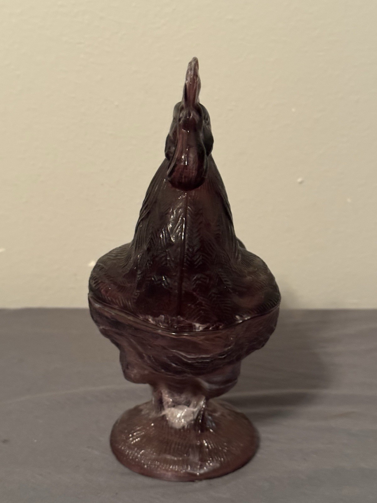 Purple Slag Glass Rooster Covered Dish Pedestal Amethyst White Swirl 8.5″