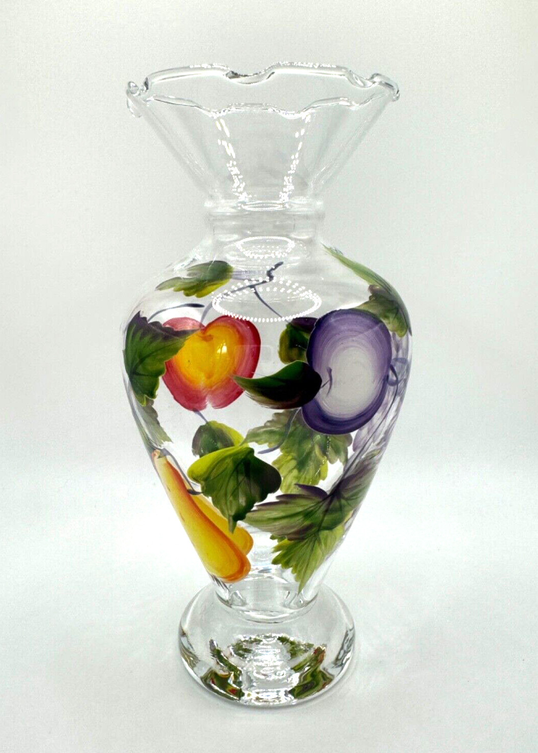 Vtg Ruffle Top Glass Vase Hand Painted Fruit 6.5″