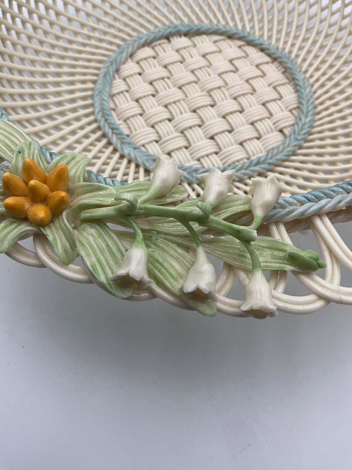 Belleek Lily of the Valley 9″ Basketweave Dish Bowl Ireland Porcelain