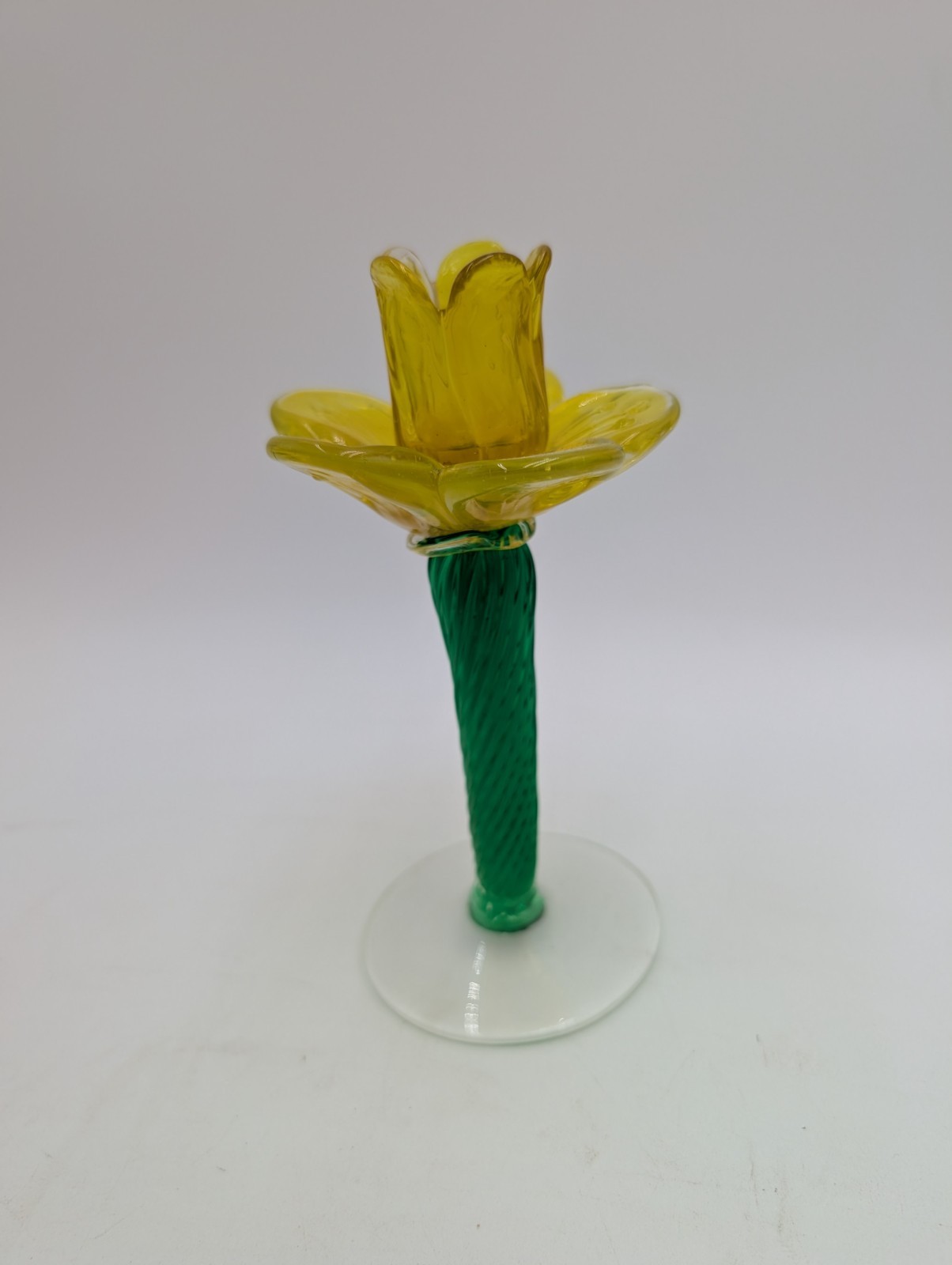Vintage Daffodil Flower Glass Candlestick Holder Yellow Green Hand Blown