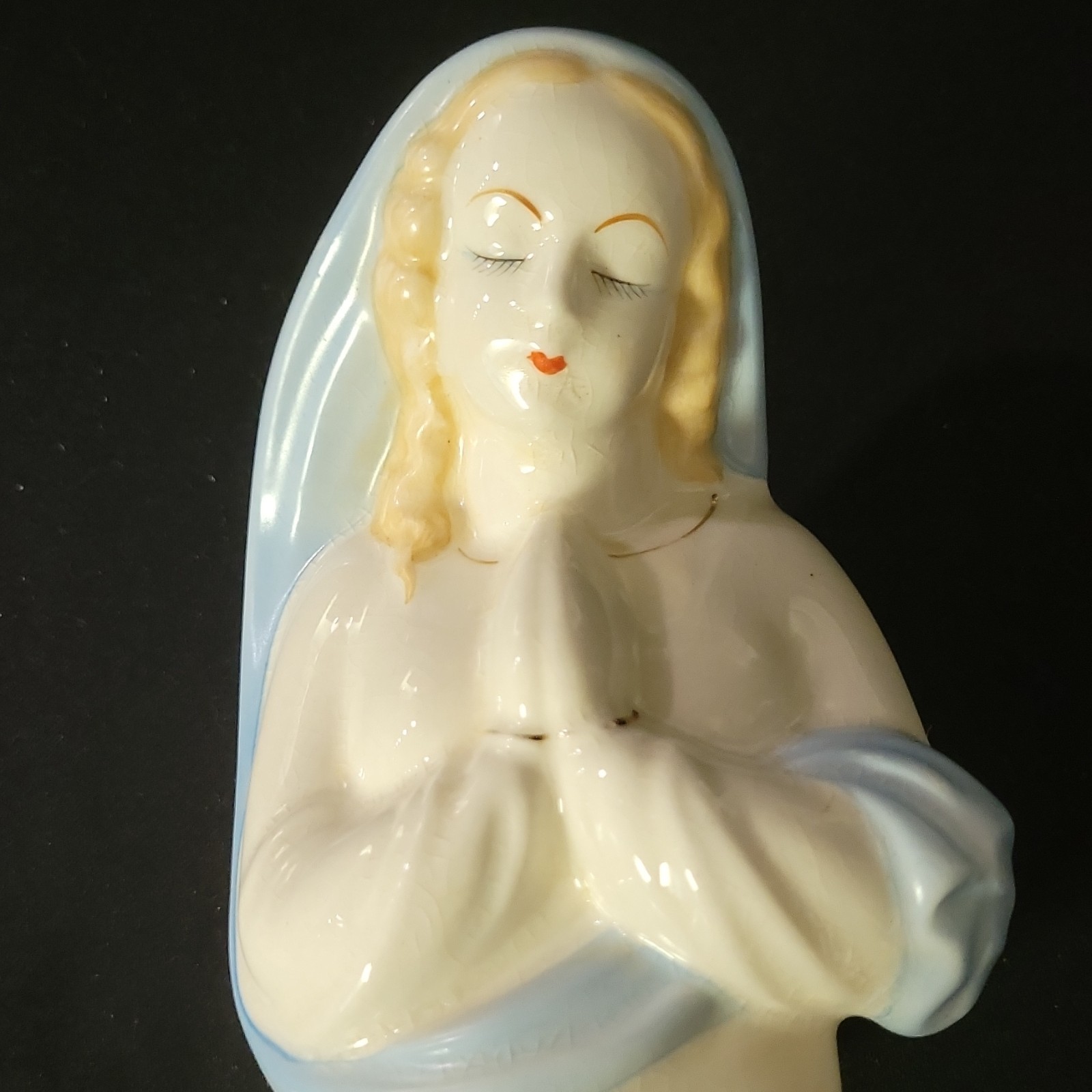 Made in Japan Vintage Ceramic Praying Woman Figurine Planter White Blue