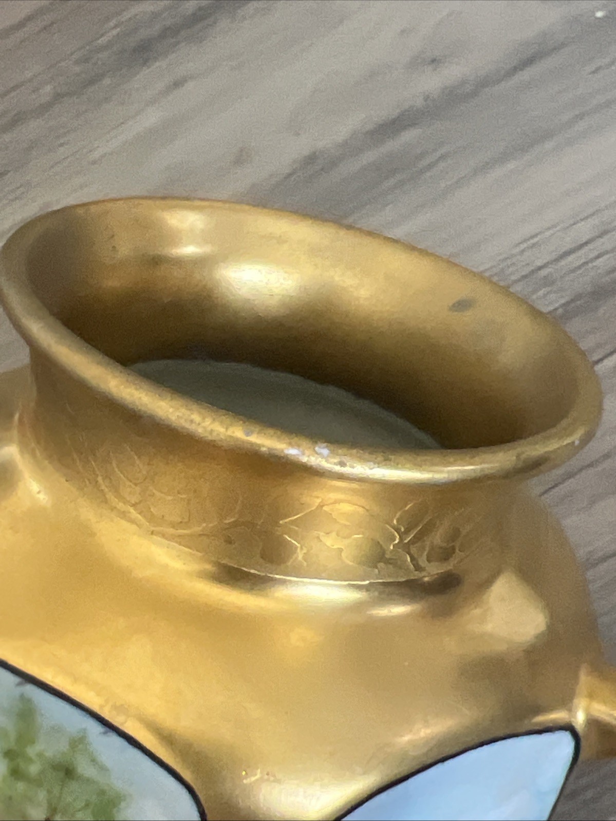 Vtg Gold Encrusted Double Handled 6” Vase Hand painted Landscape Design