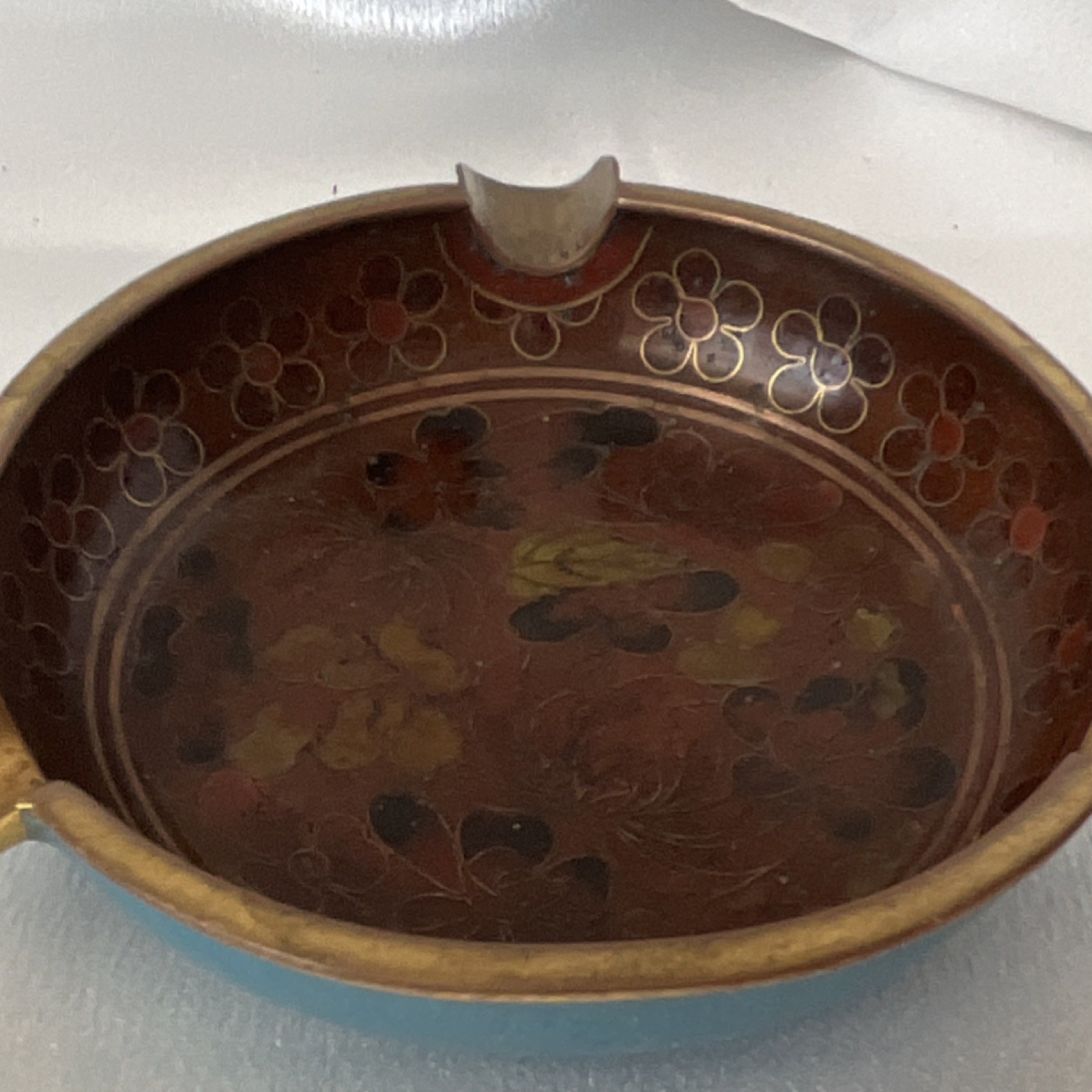Vintage 1970s Turquoise Blue Cloisonne Enamel Floral Round Metal w/ Brass Trim